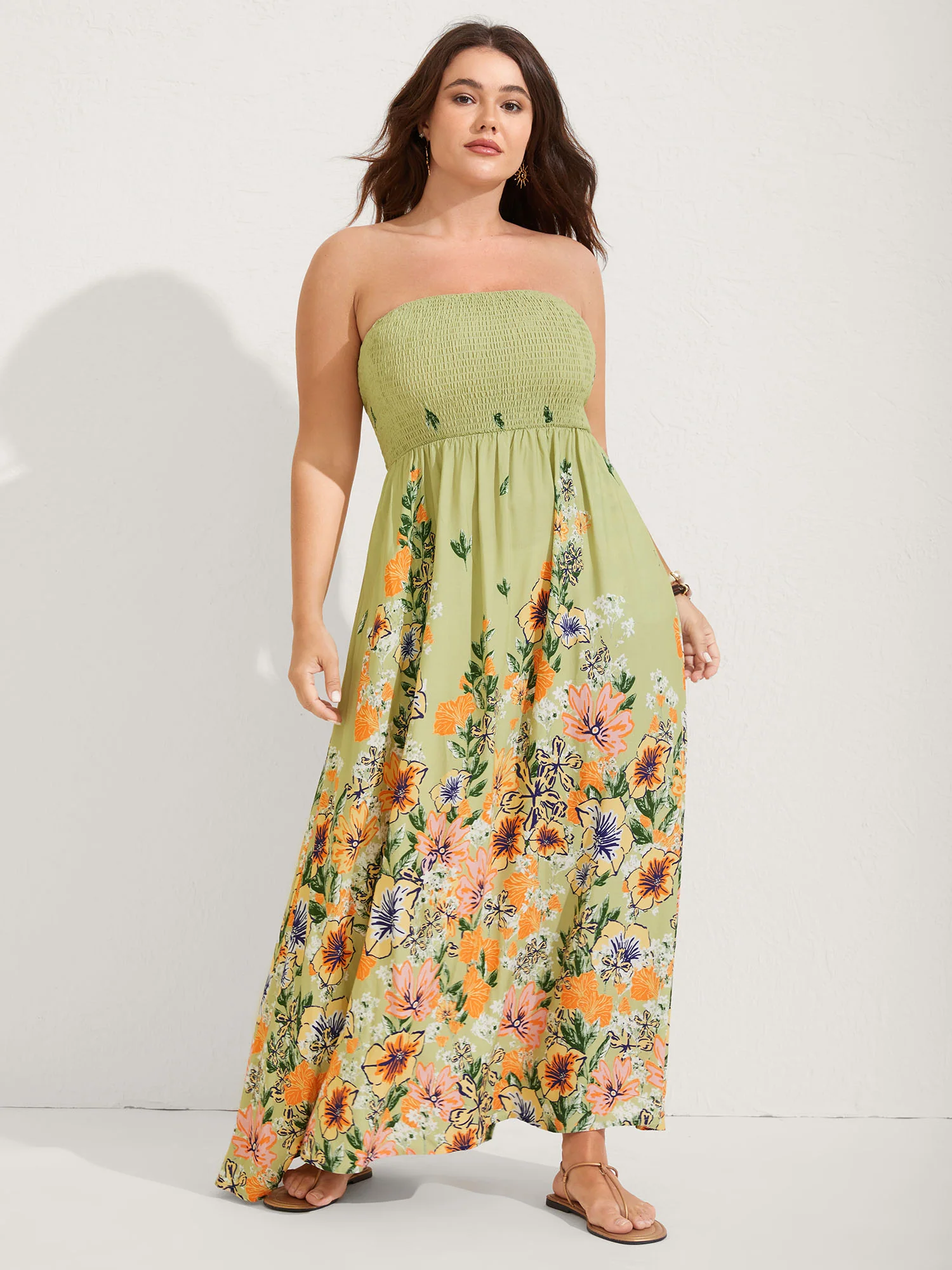 Shirred Off-Sleeve Floral Print Maxi Dress