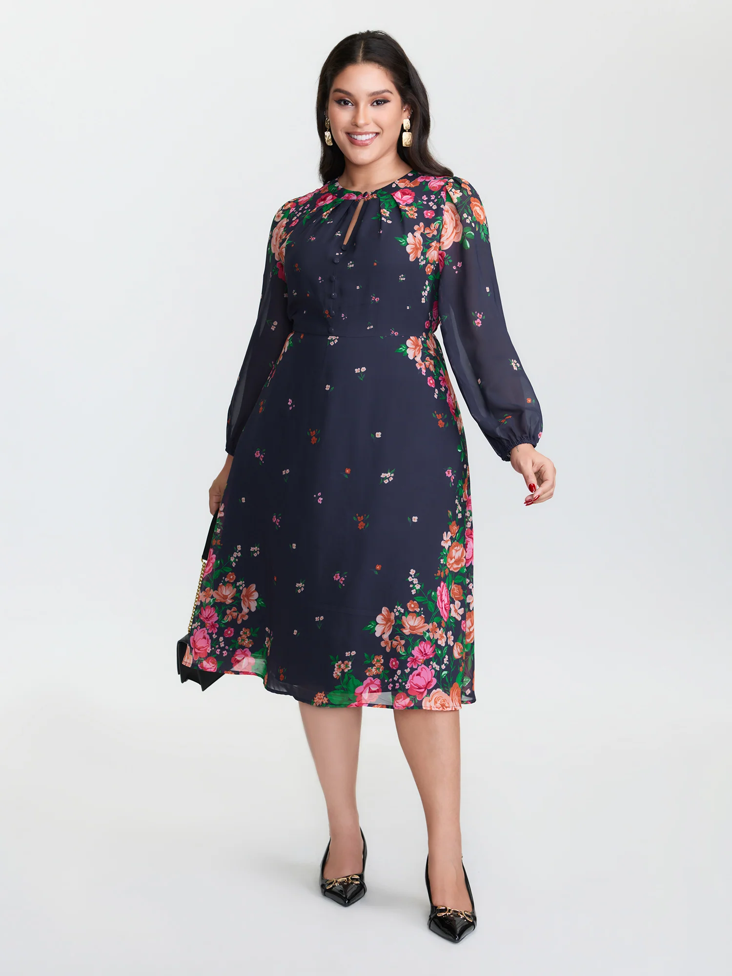 Keyhole Neckline Floral Print Midi Dress