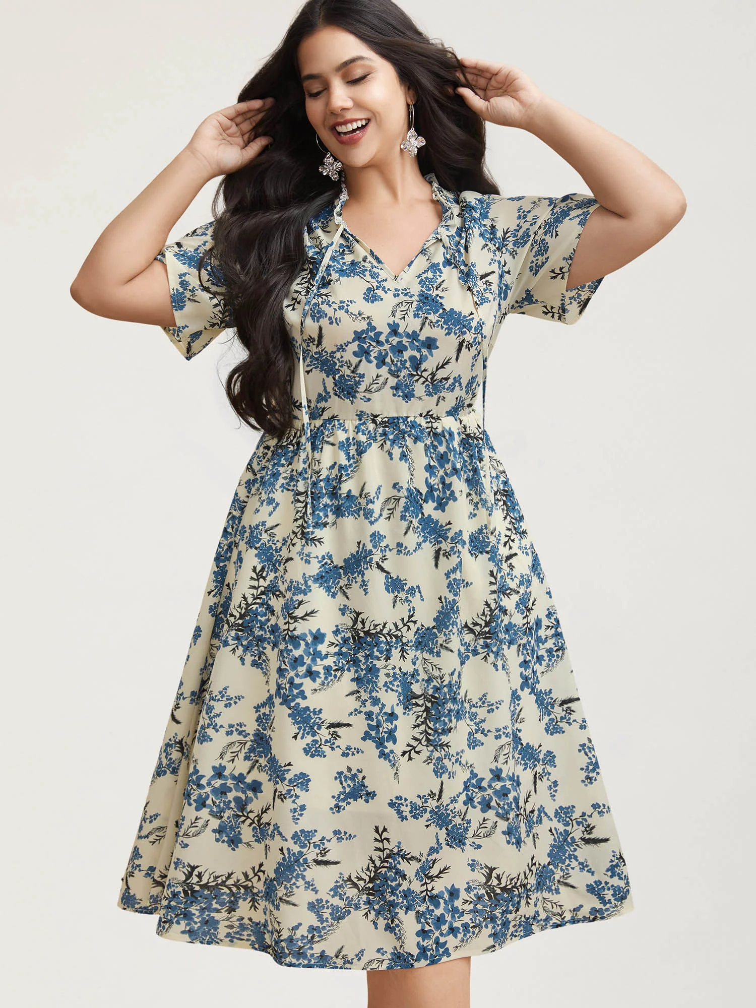 In Full Bloom Notched Collar Pockets Midi Dress