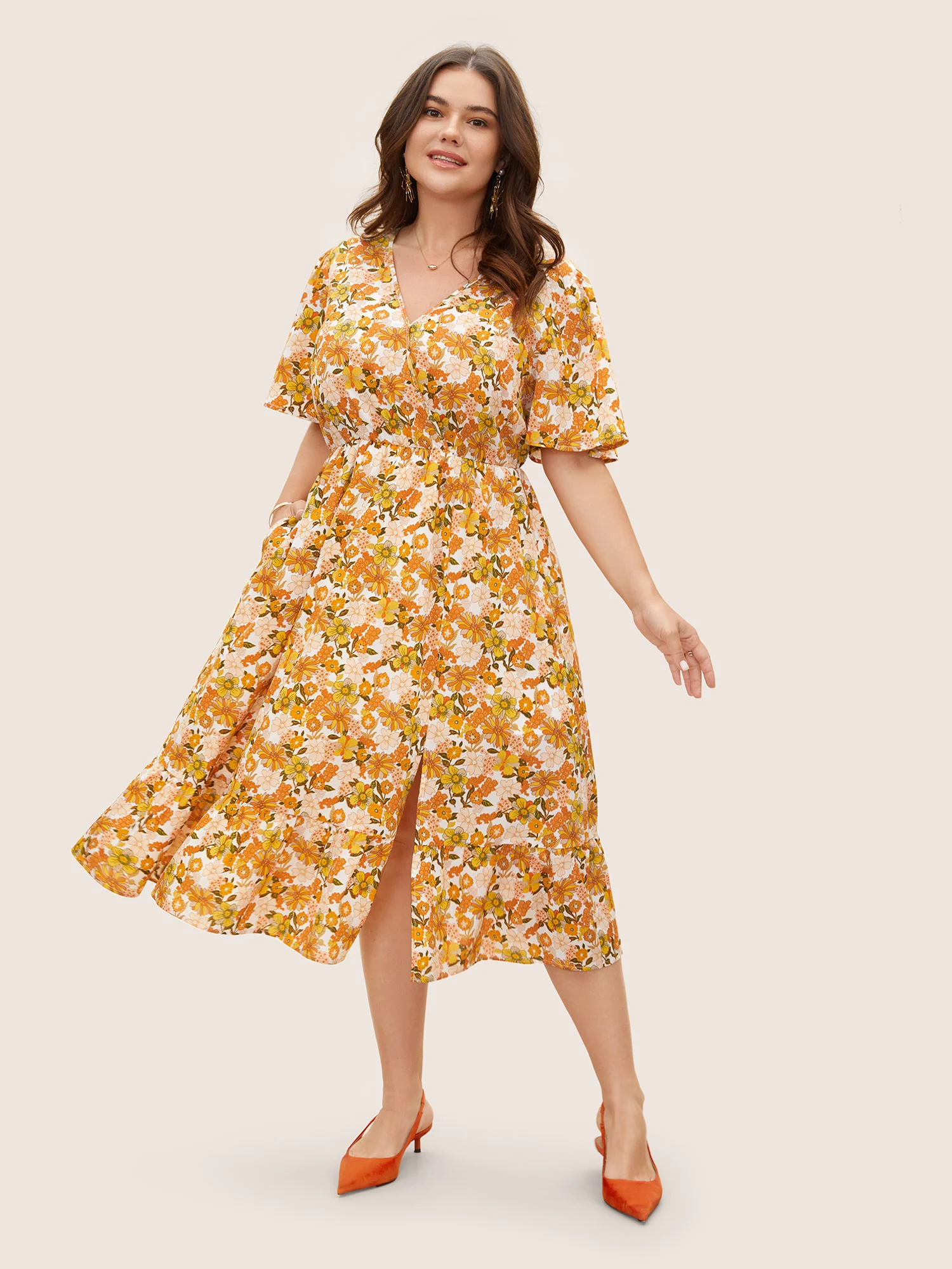 Overlap Collar Floral Elastic Waist Midi Dress