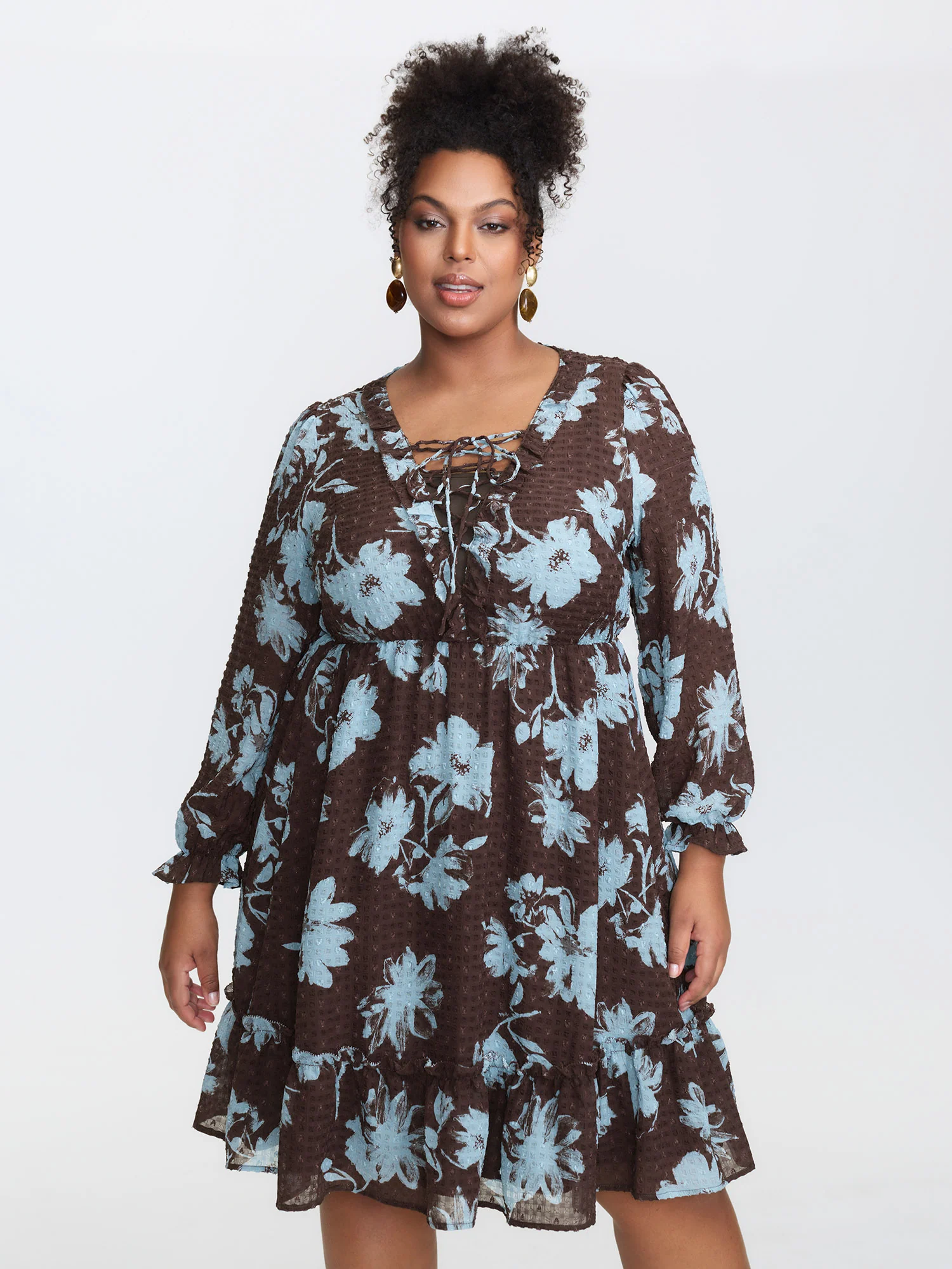 Floral Pattern Textured Drawstring Neck Midi Dress
