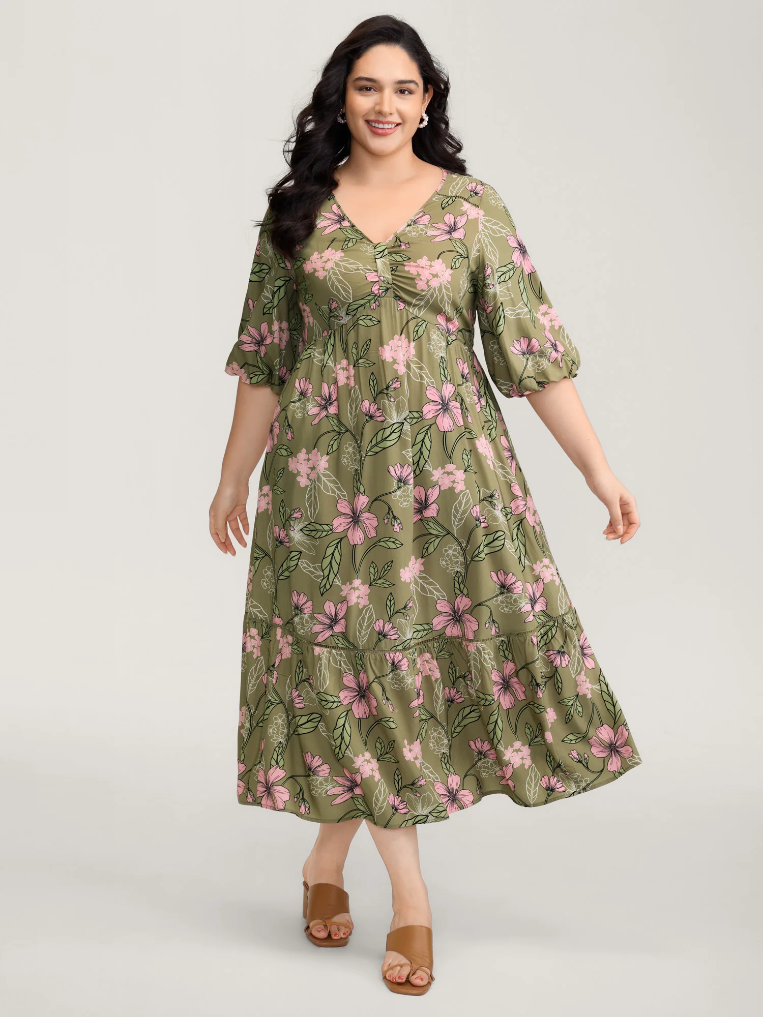 Garden Print Ruched V-Neck Maxi Dress