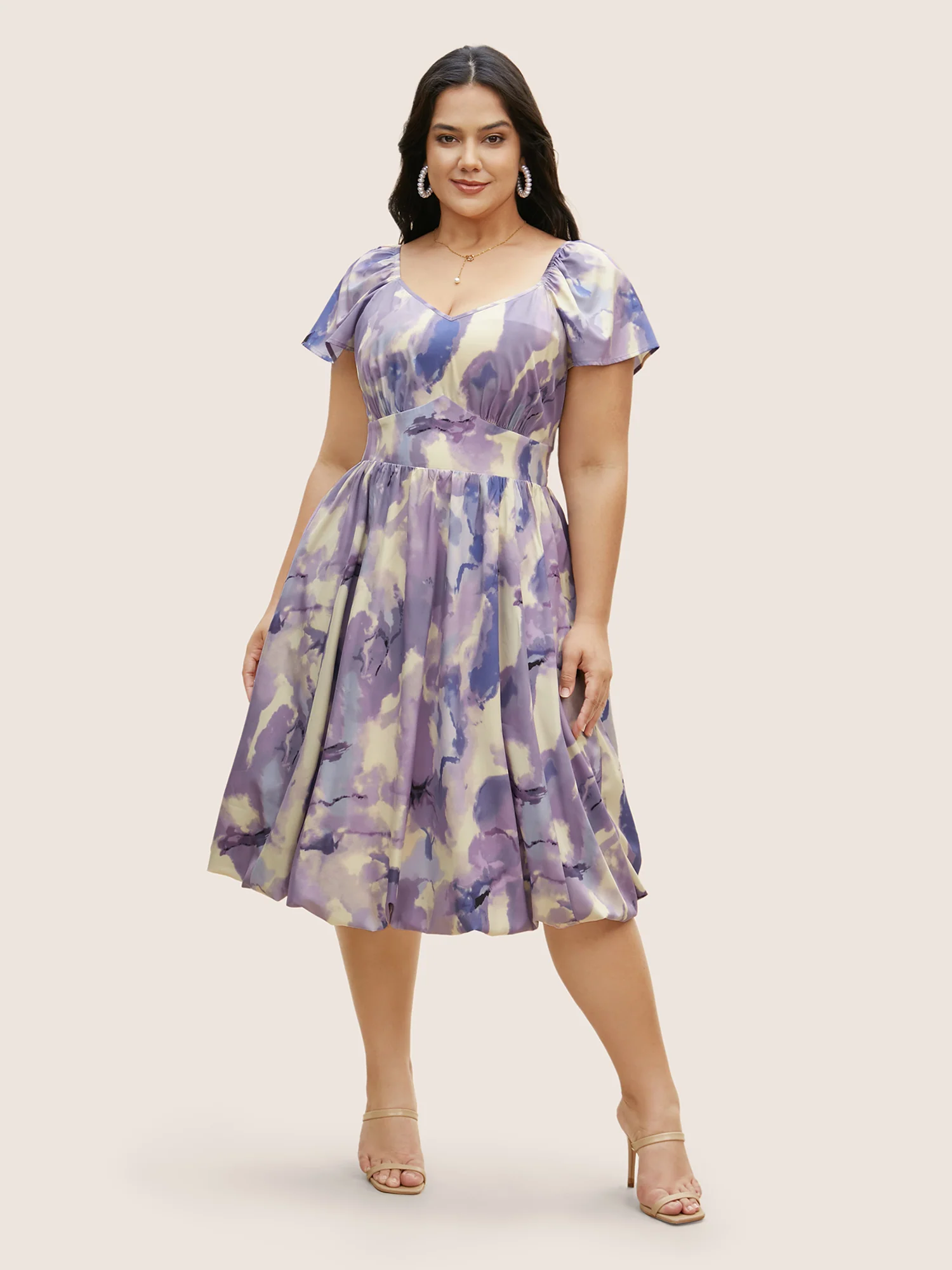 Watercolor Floral Bubble Hem Pockets Dress