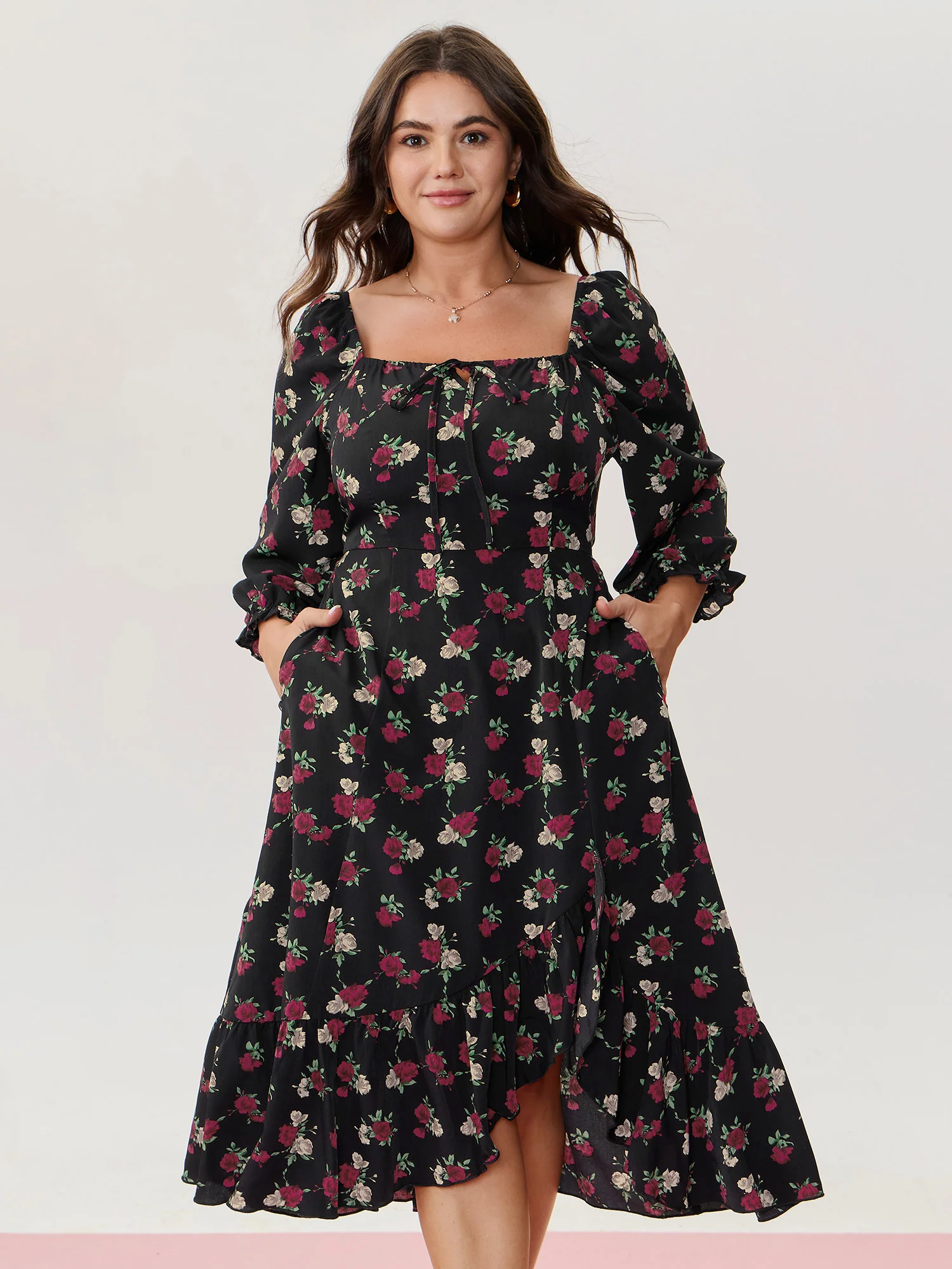 Colorful Rose Pattern Drawstring Neckline Midi Dress