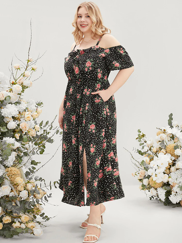 Floral & Polka Dot Ruffle Trim Pocket Cold Shoulder Split Dress
