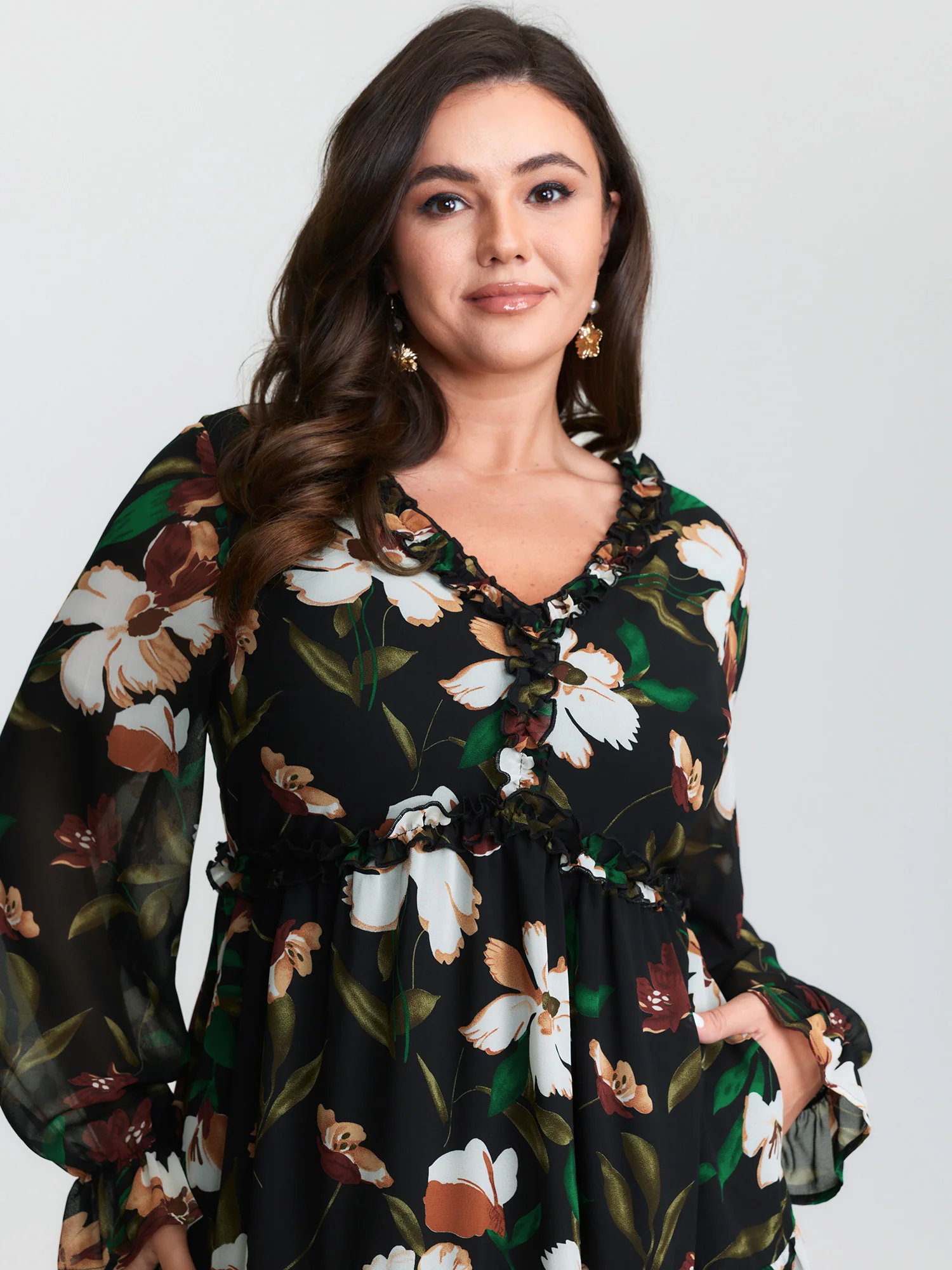 Tropical Floral Print Ruffled Neckline Midi Dress
