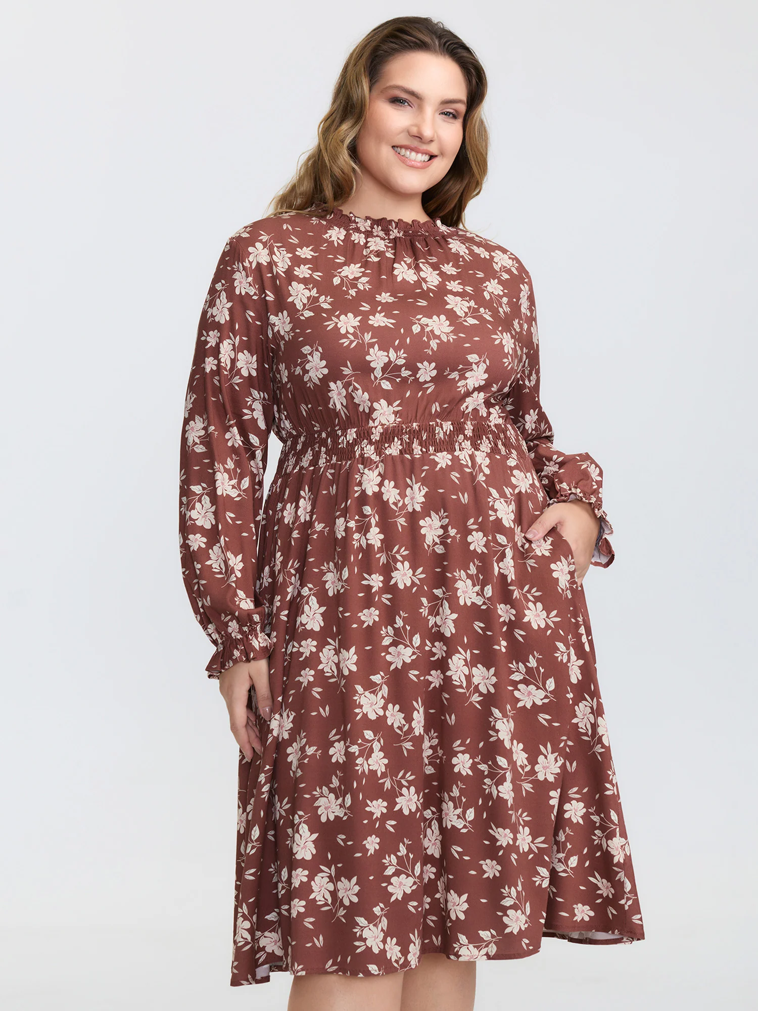 Floral Print Shirred Waist Rayon Midi Dress
