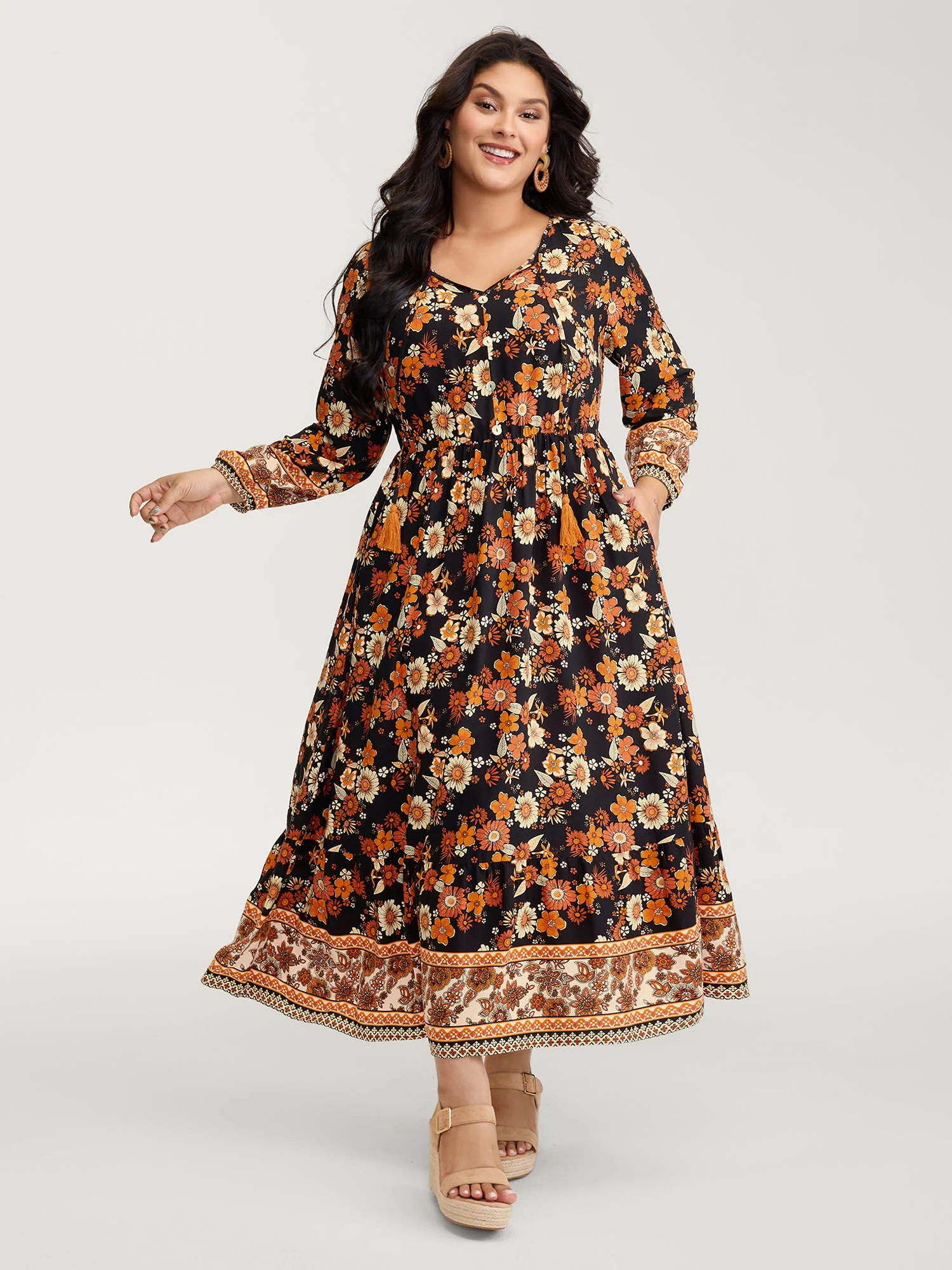 Floral Stretchy Waist Neck-Tie Maxi Dress