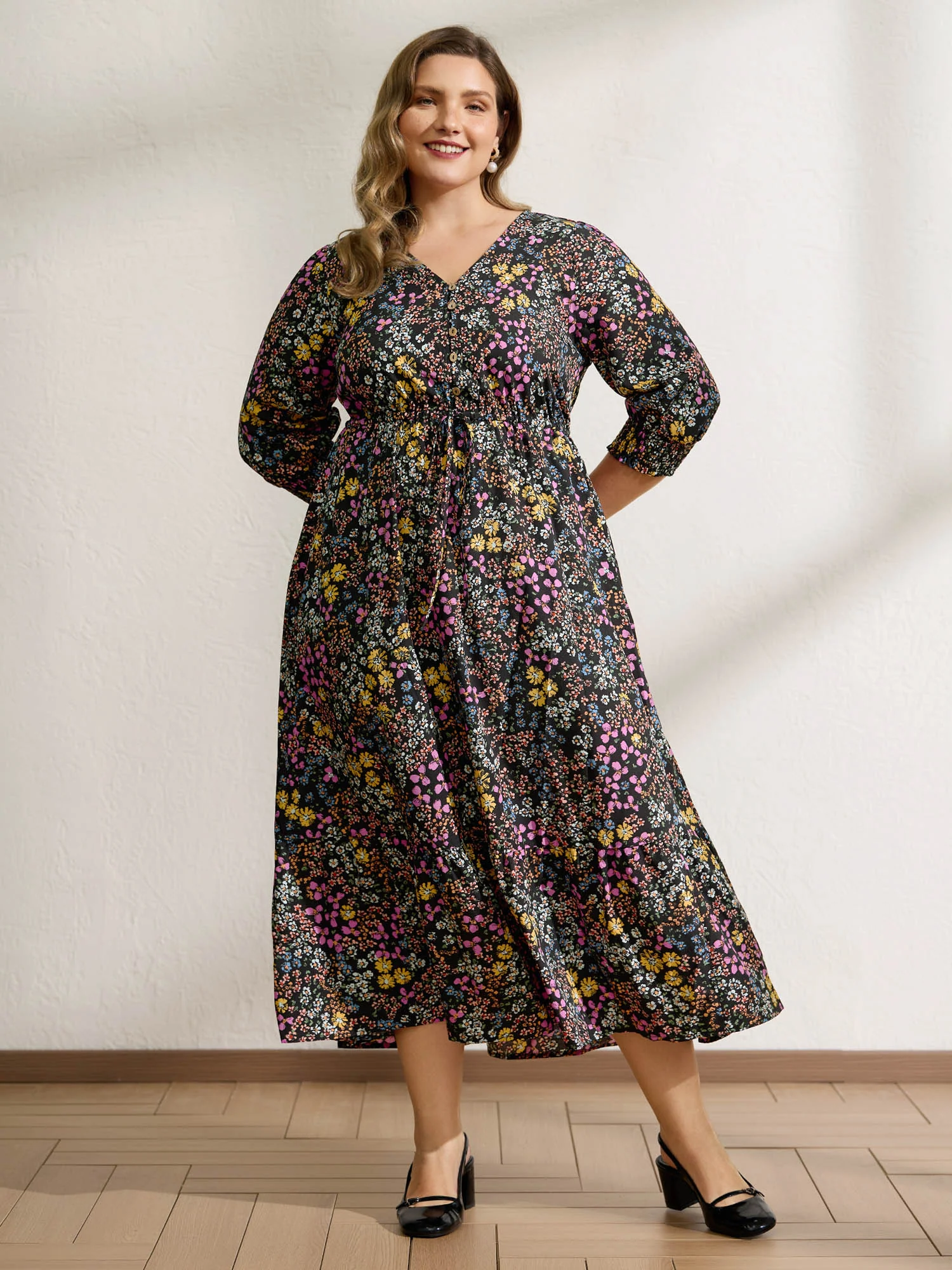 Floral Print Smocked Pockets Maxi Dress