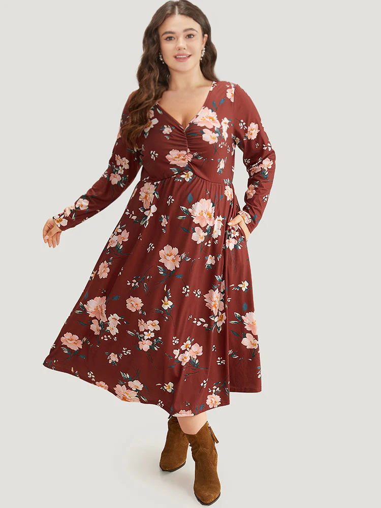 Floral Pocket Ruched Elastic Waist Dress