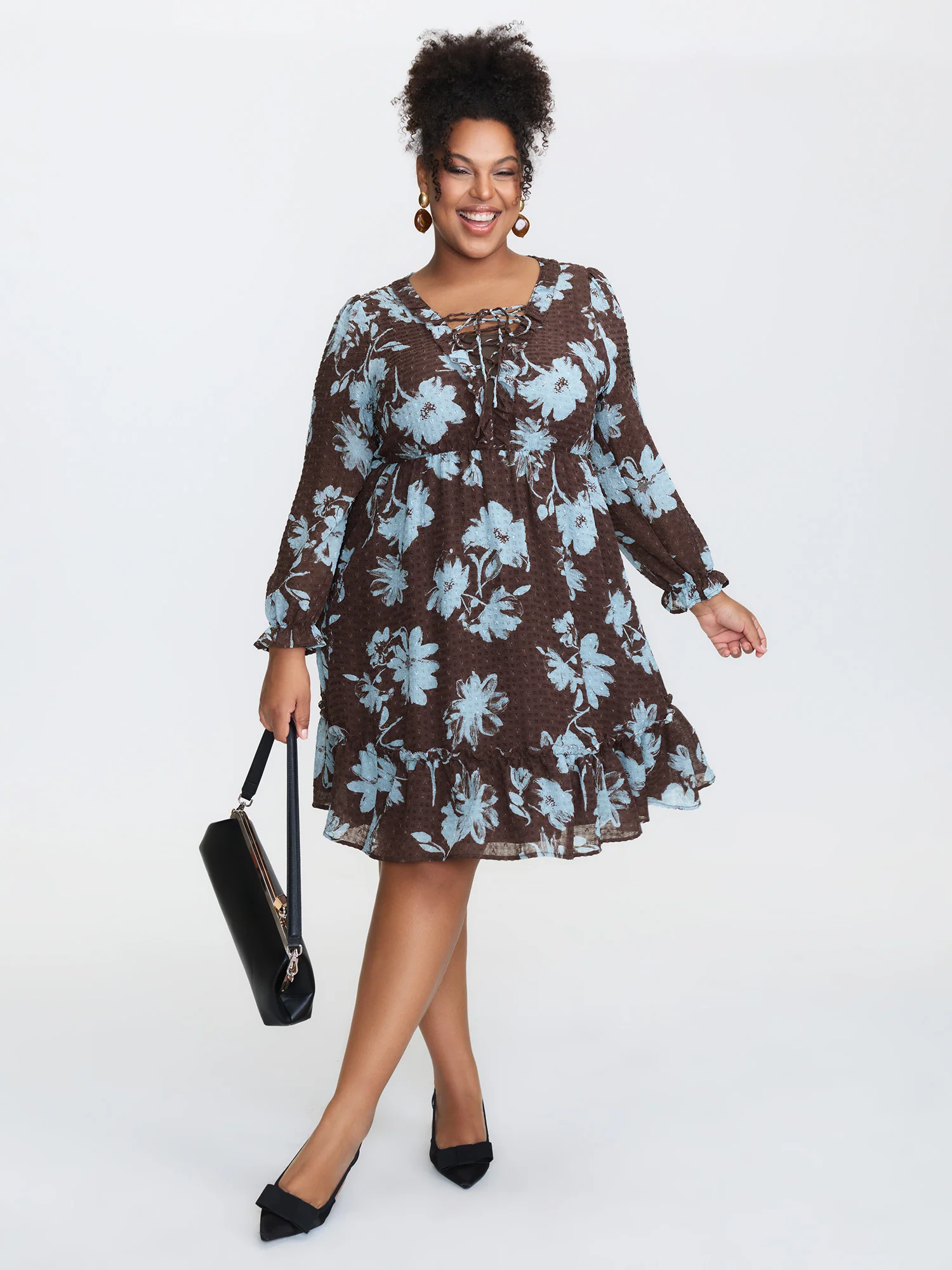 Floral Pattern Textured Drawstring Neck Midi Dress