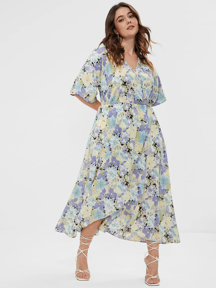 Floral Split Pocket Button Detail Wrap Maxi Dress