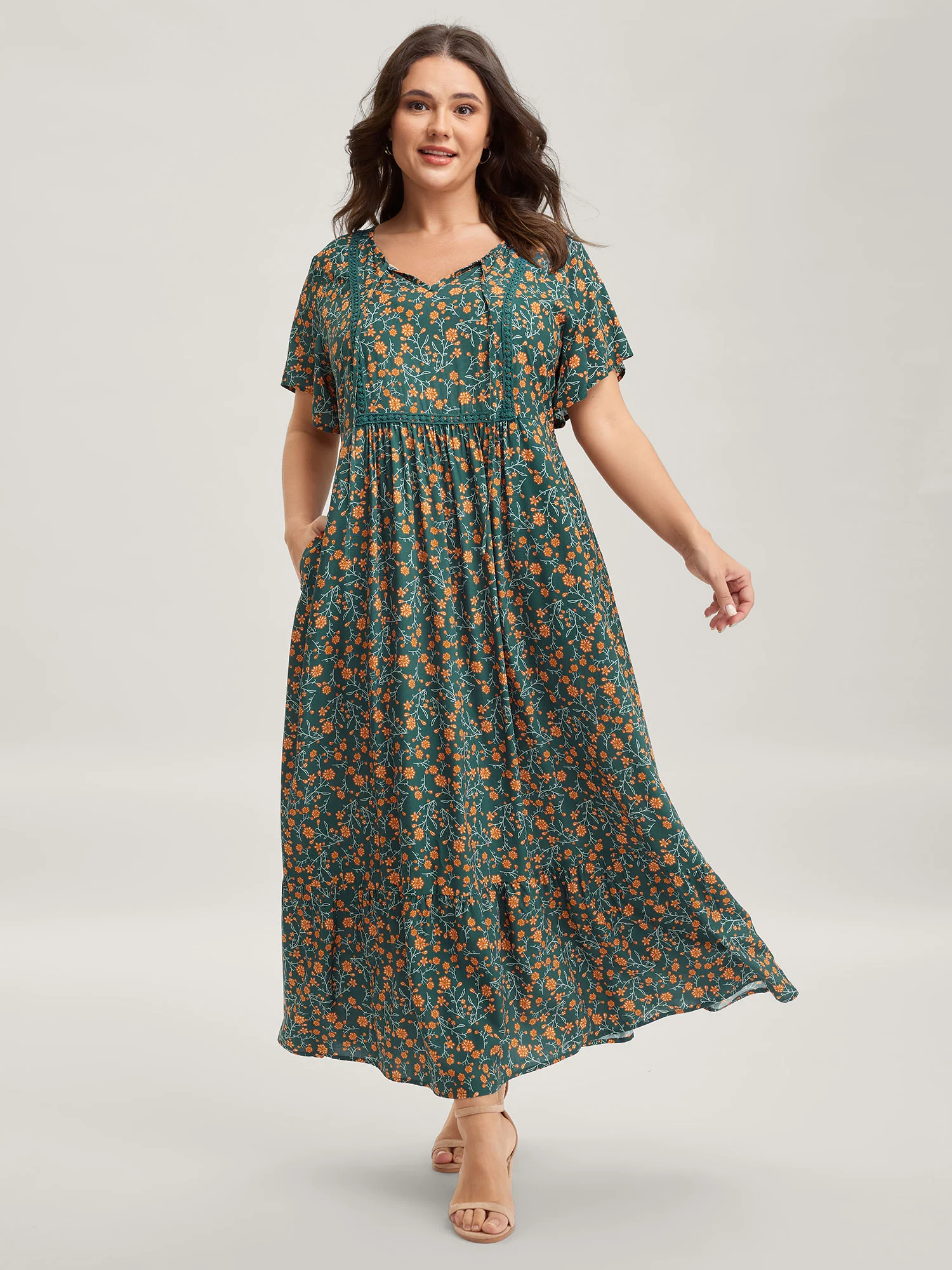 Rayon Floral Print Neck Tie Pockets Maxi Dress
