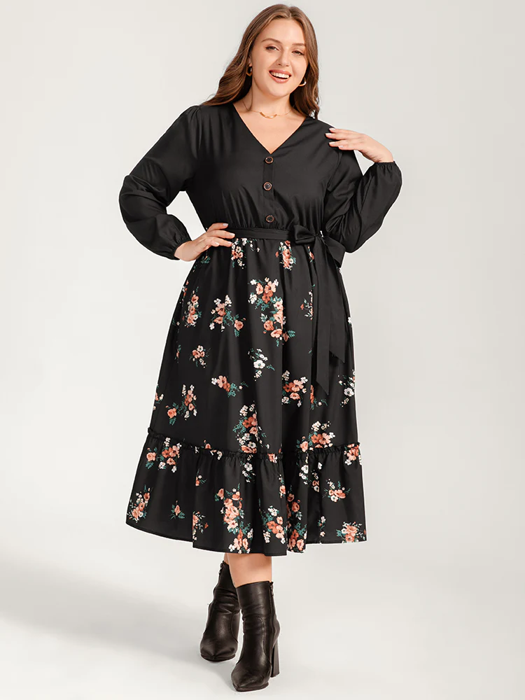 Floral Lantern Sleeve Pocket Belted Wrap Flutter Dress