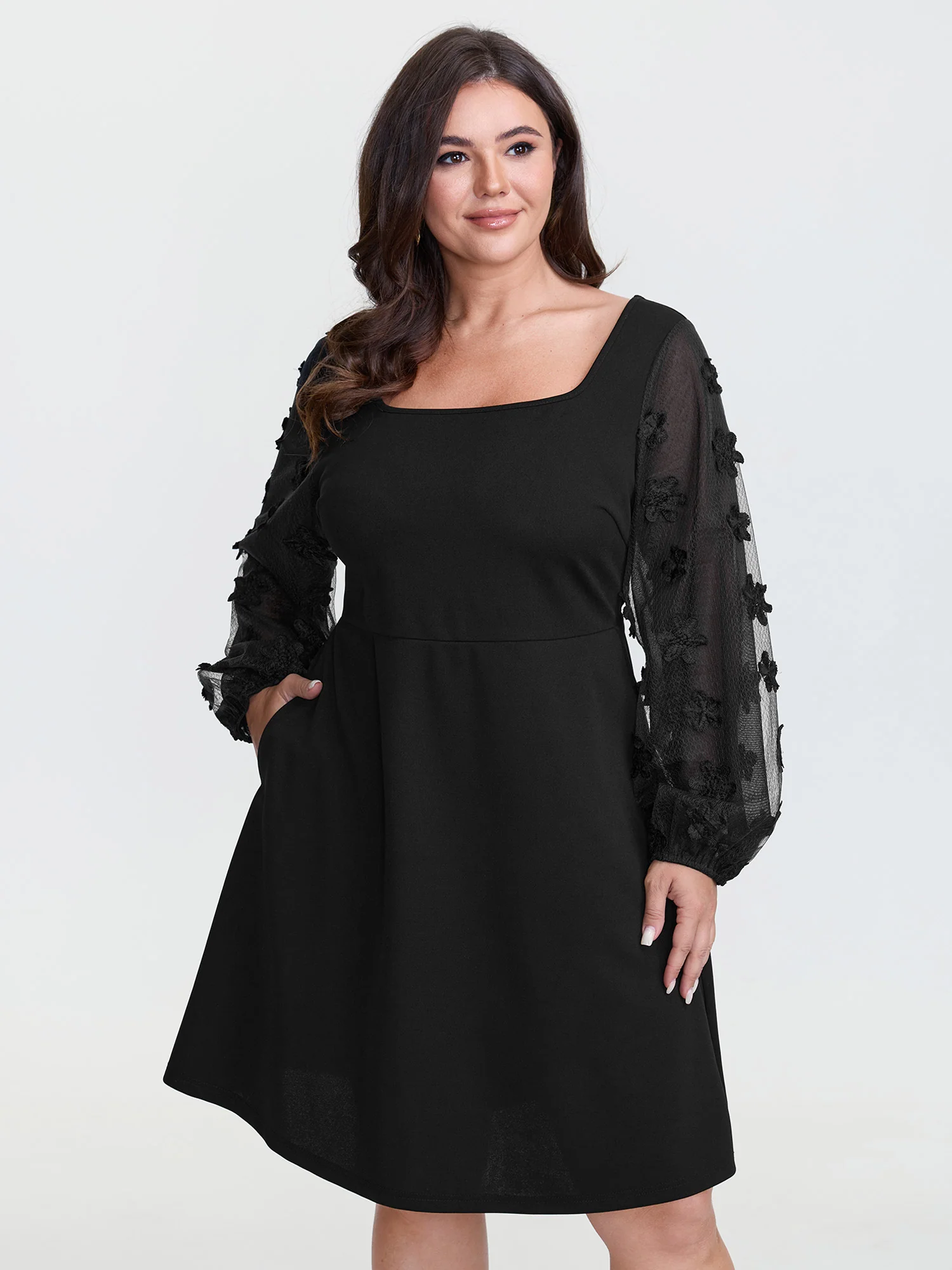 Sheer Sleeve 3D Floral Mesh Midi Dress