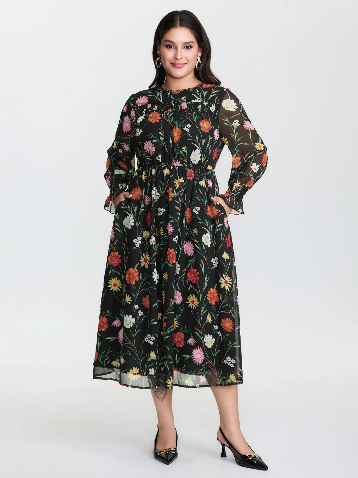 Chiffon Multi-Color Shirred Maxi Dress