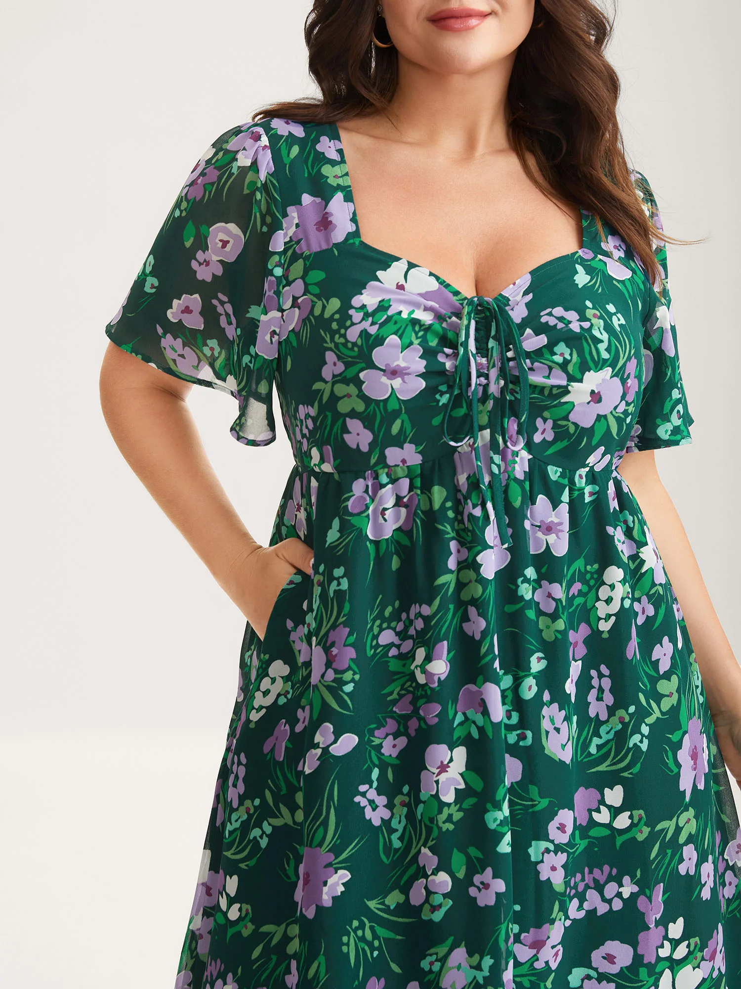 Floral Chiffon Ruched Drawstring Midi Dress
