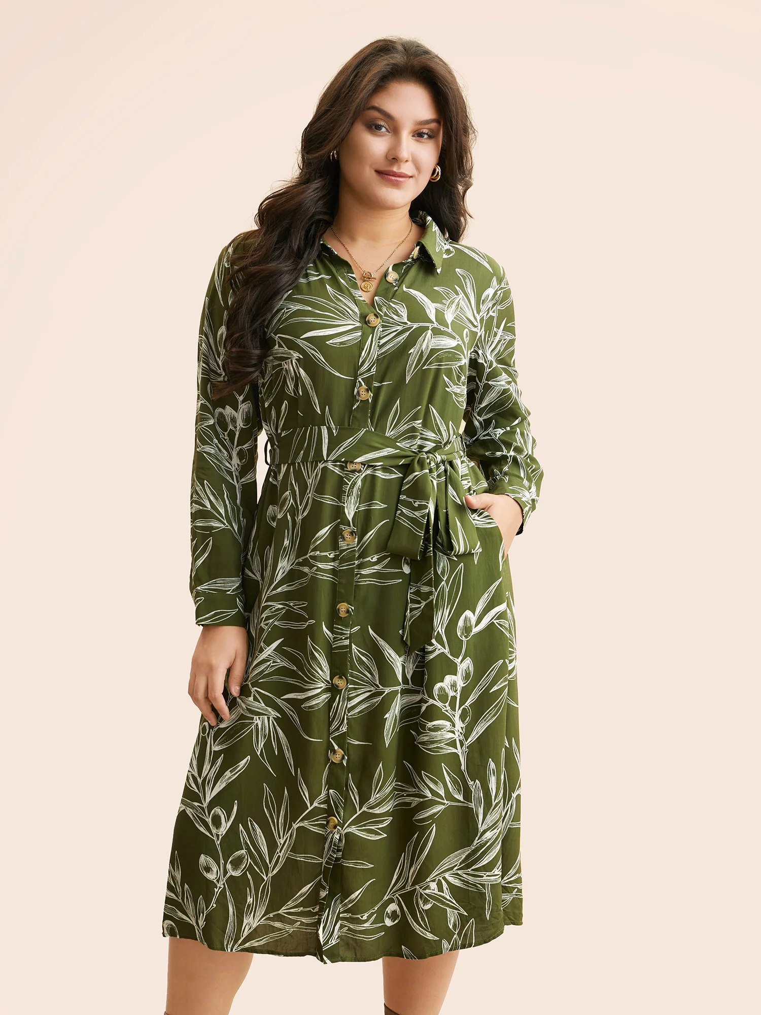 Shirt Collar Plants Print Belted Dress