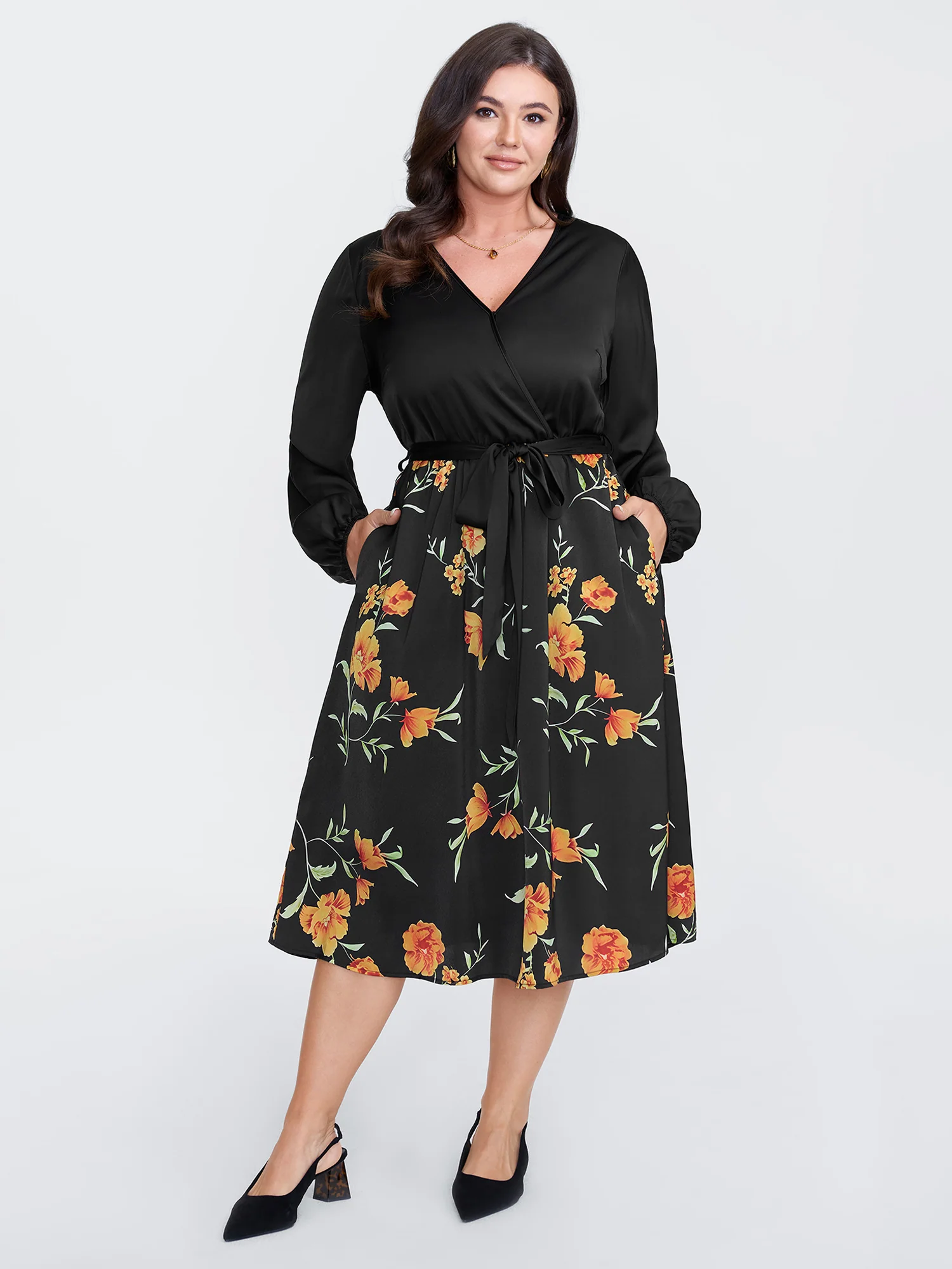 Floral Print Contrast Belted Midi Dress