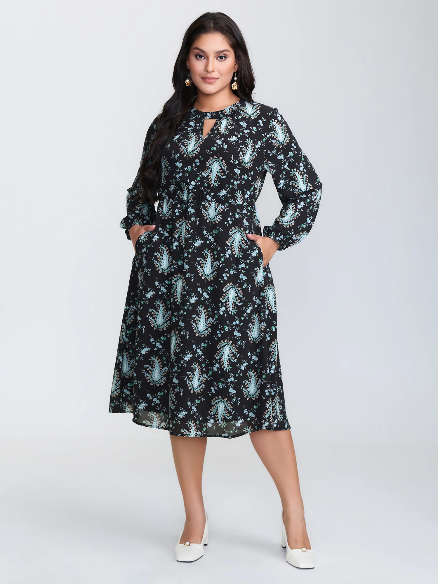 Paisley Print Stretchy Waist-Defining Midi Dress