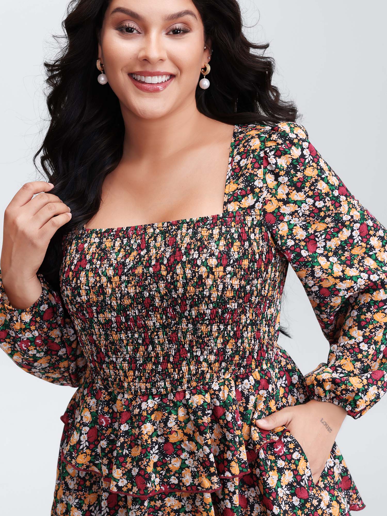 Floral Shirred Layered Skirt Mini Dress