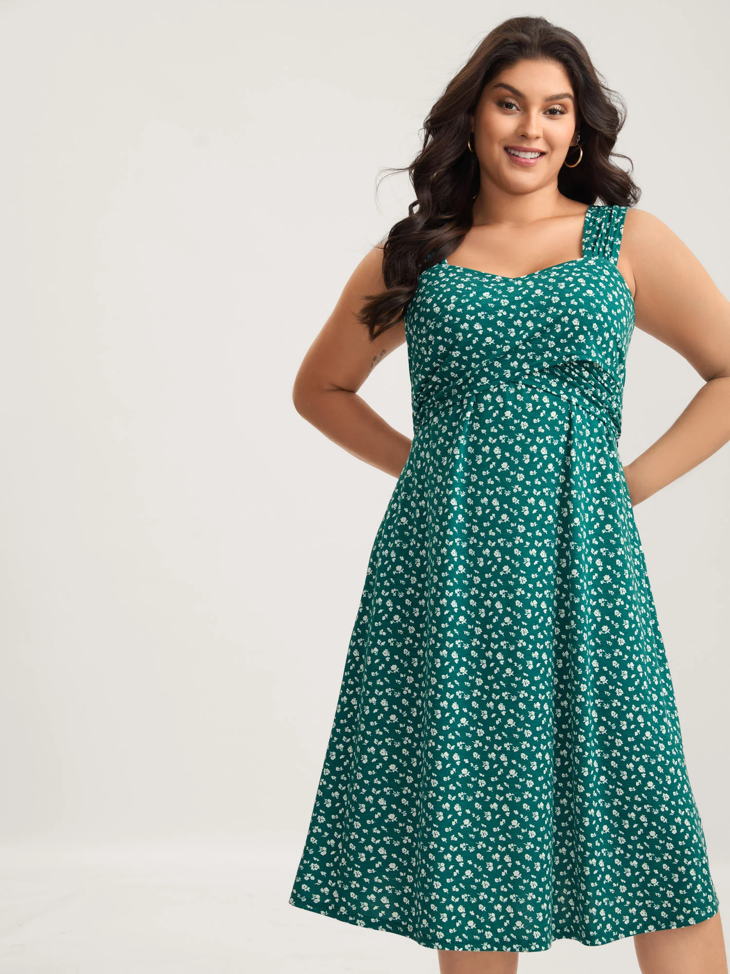 Ditsy Floral Print Knit Pockets Midi Dress