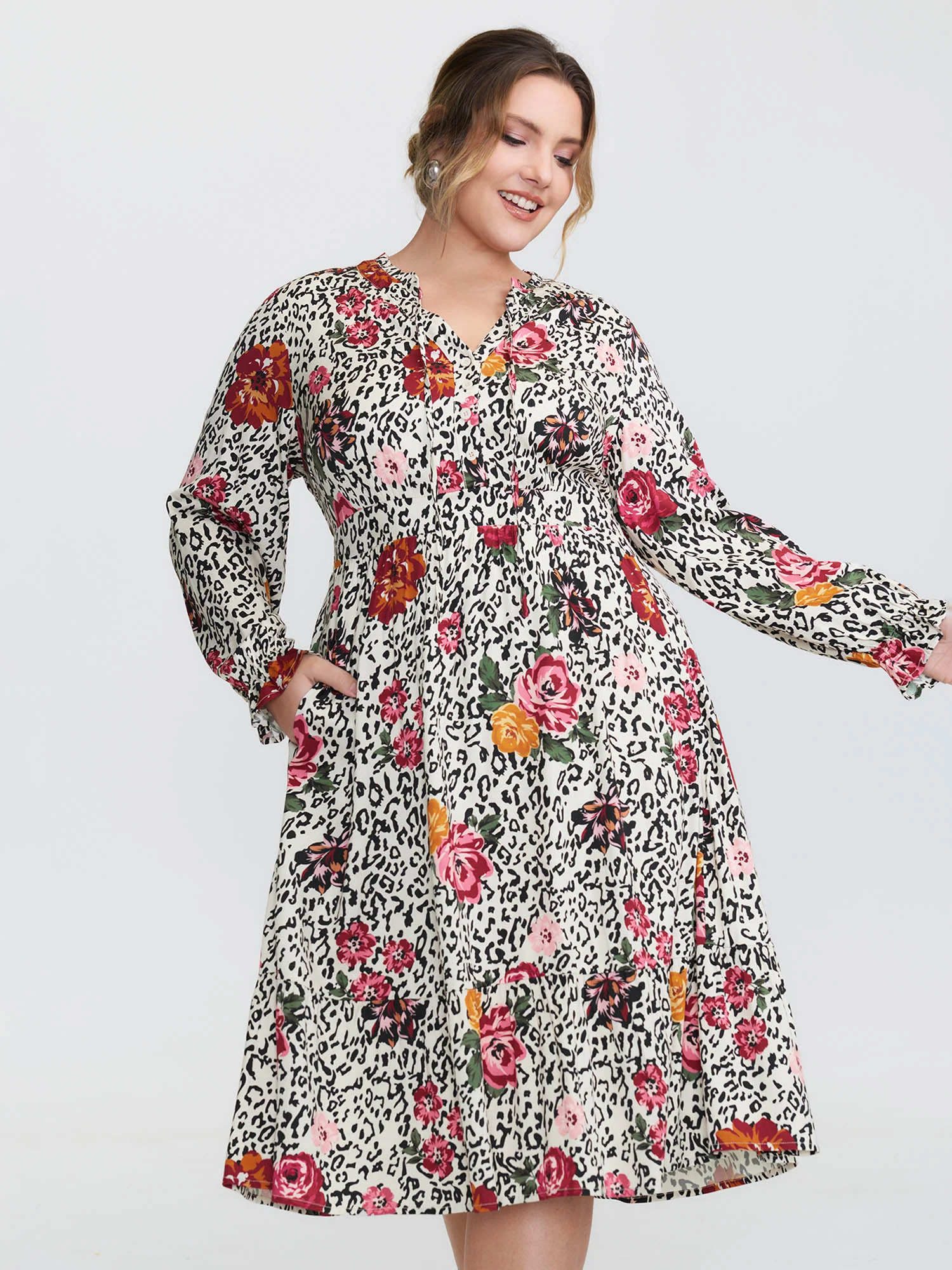 Leopard Floral Print Shirred Waist Midi Dress