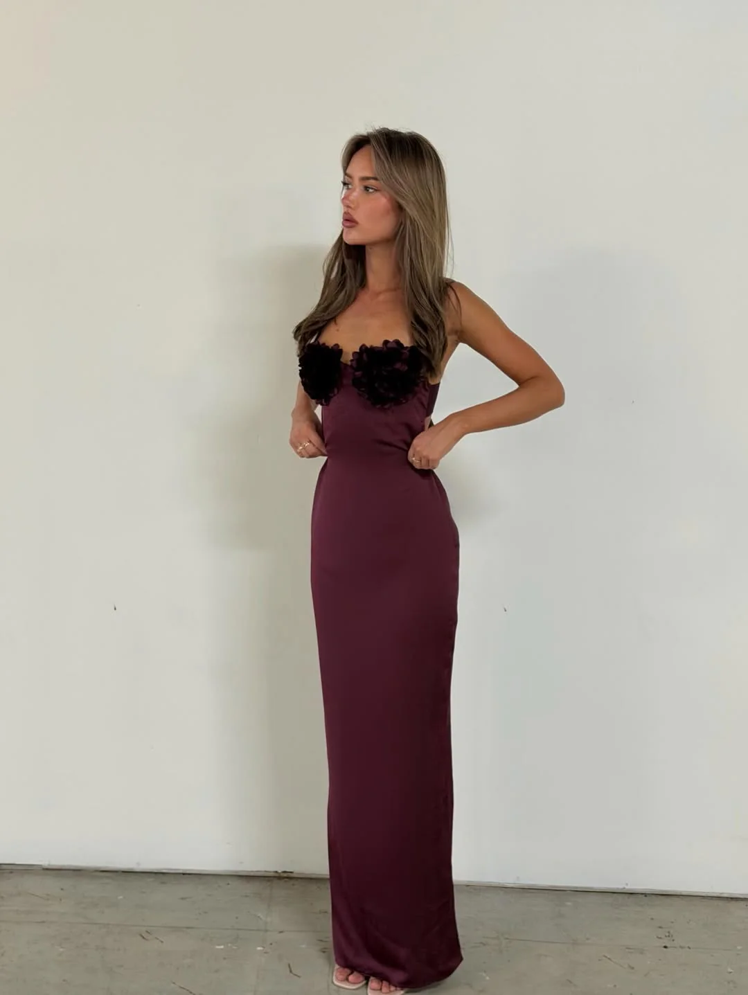 Burgundy Bloom Satin Gown