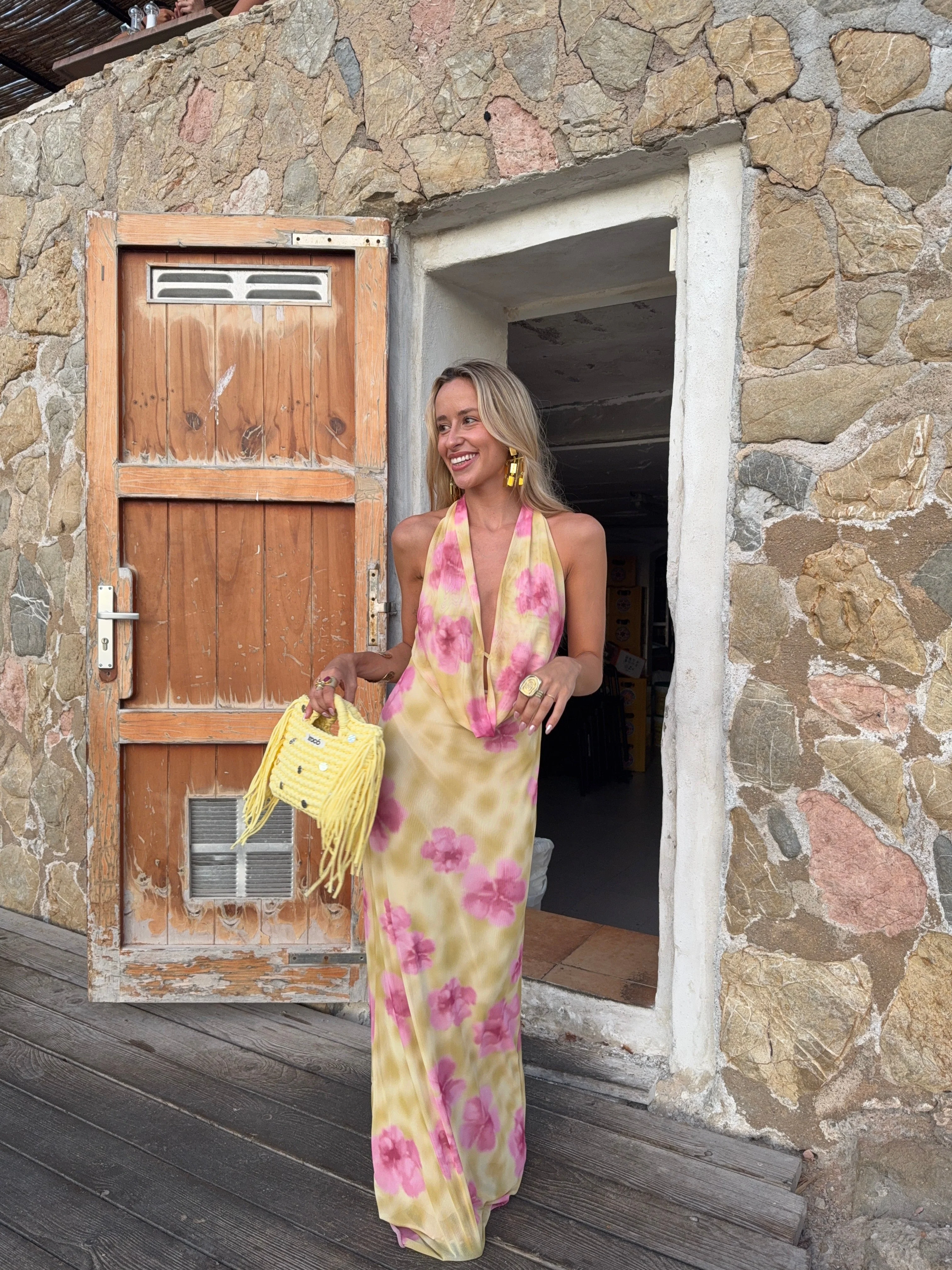 Columbine maxi dress - Yellow with pink flowers