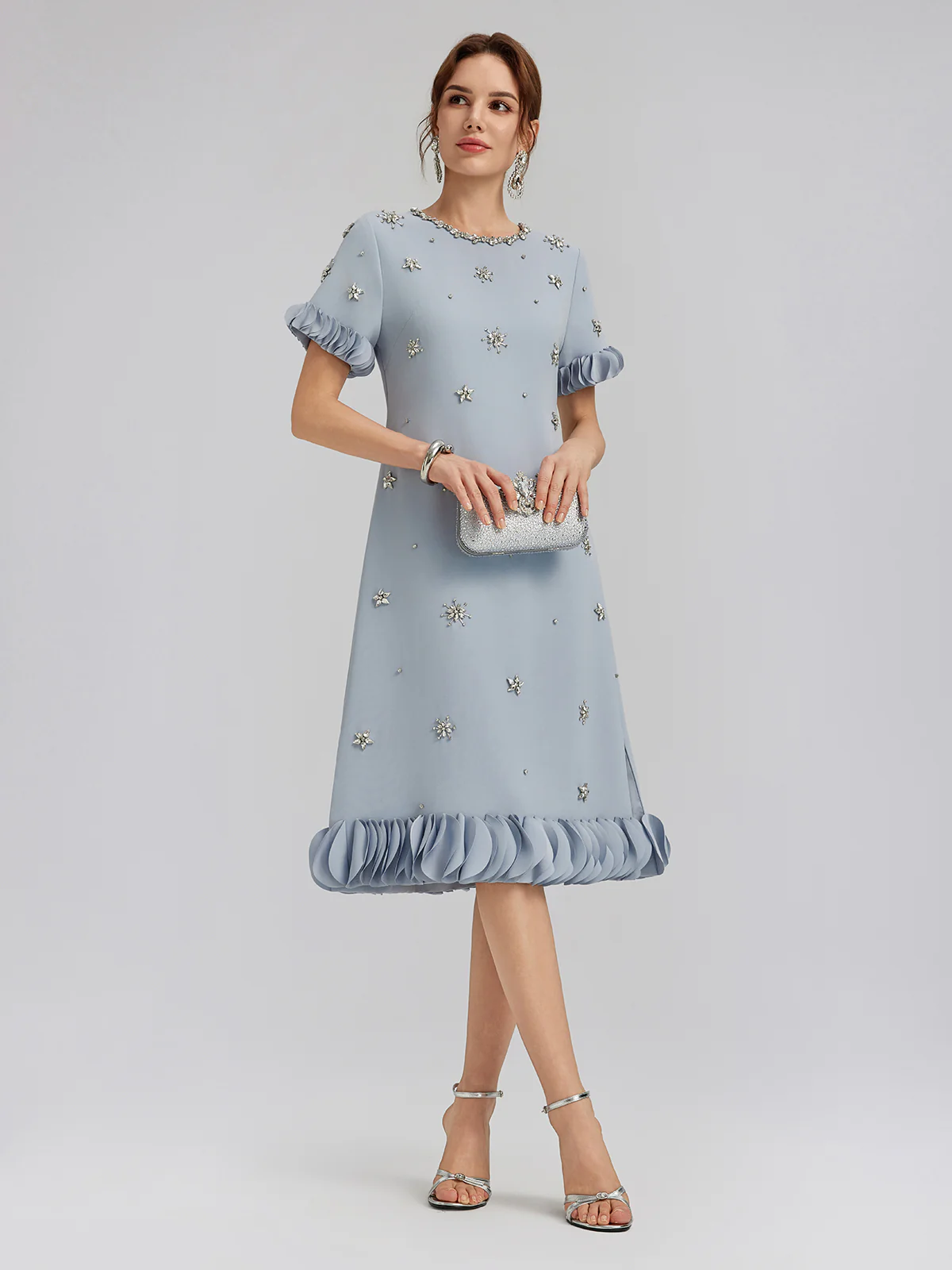 Hand-Sewn Beaded Floral-Trim Dress