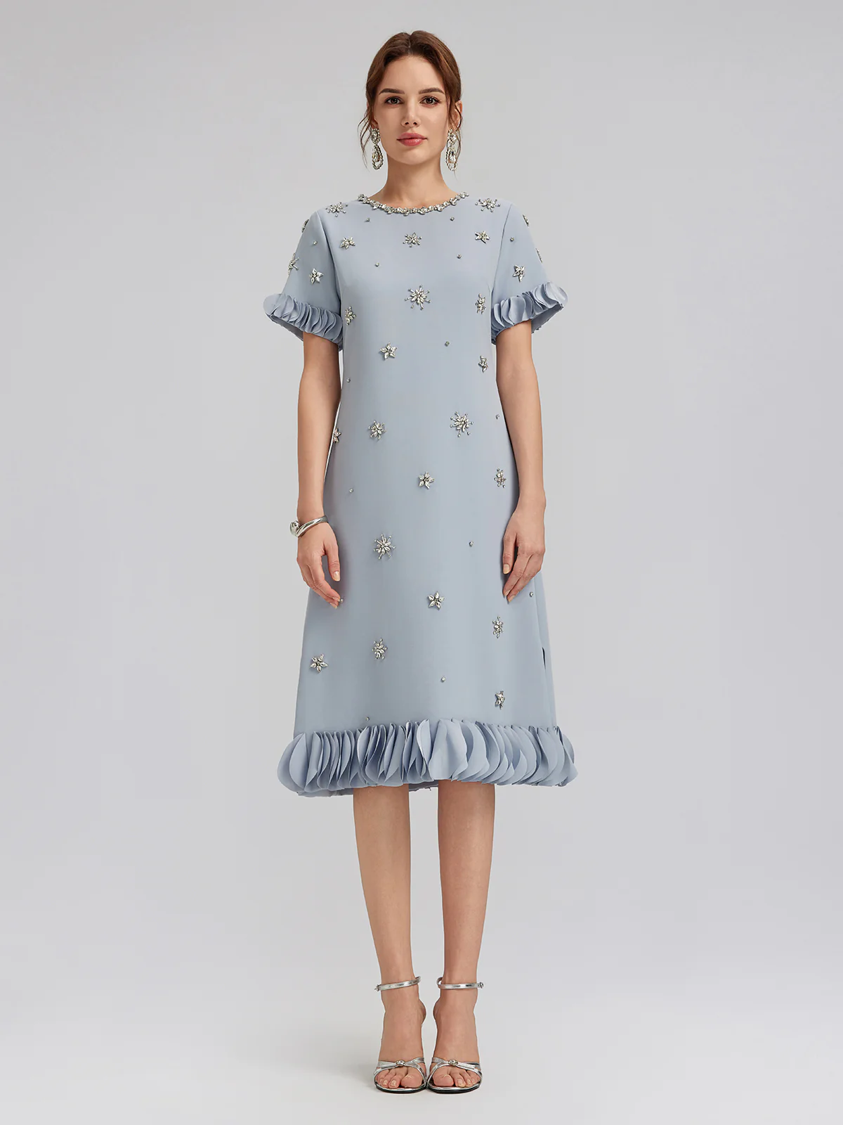 Hand-Sewn Beaded Floral-Trim Dress