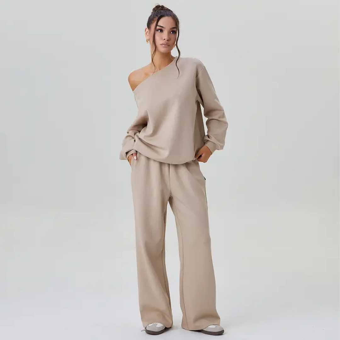 Women's Leisure Solid Color Sloping Shoulder Long Sleeve Set
