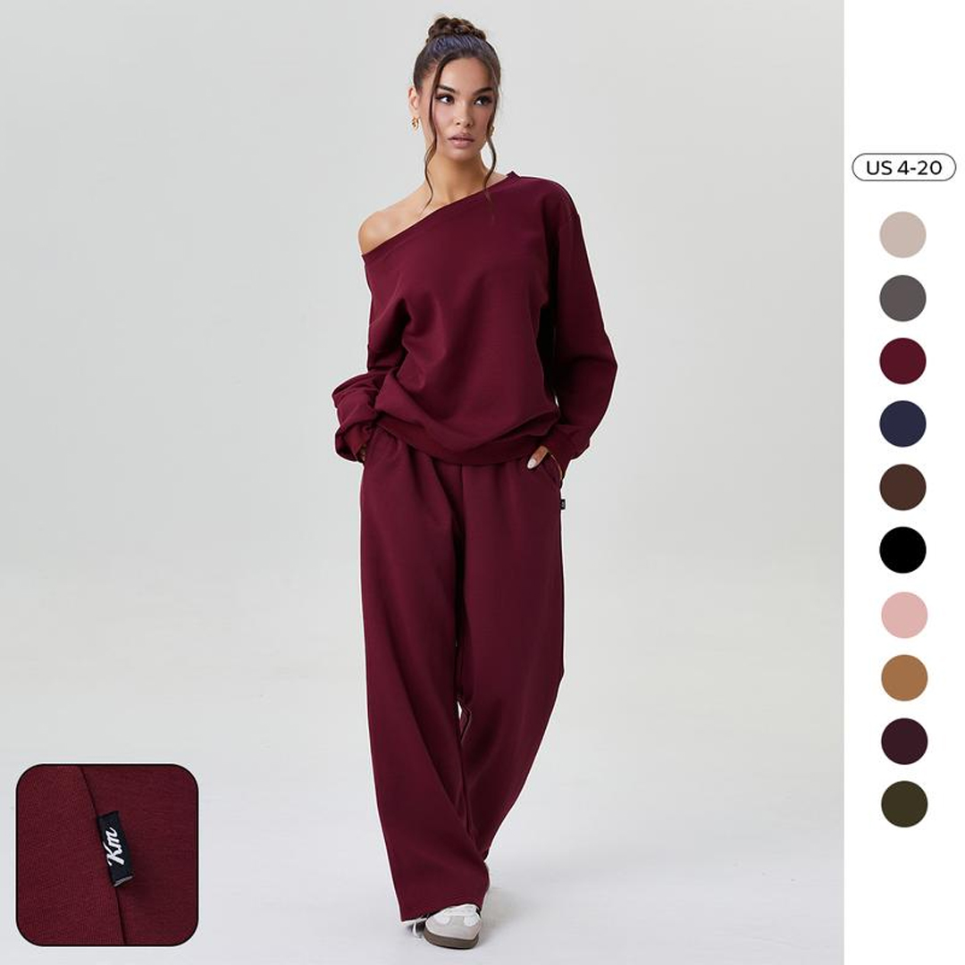 Women's Leisure Solid Color Sloping Shoulder Long Sleeve Set