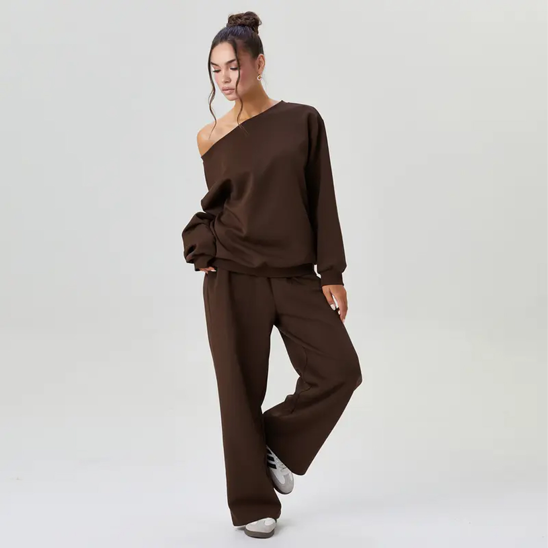 Women's Leisure Solid Color Sloping Shoulder Long Sleeve Set