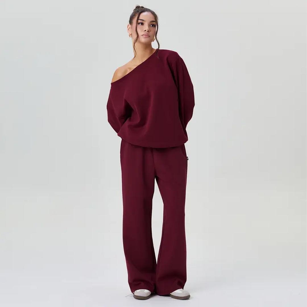 Women's Leisure Solid Color Sloping Shoulder Long Sleeve Set
