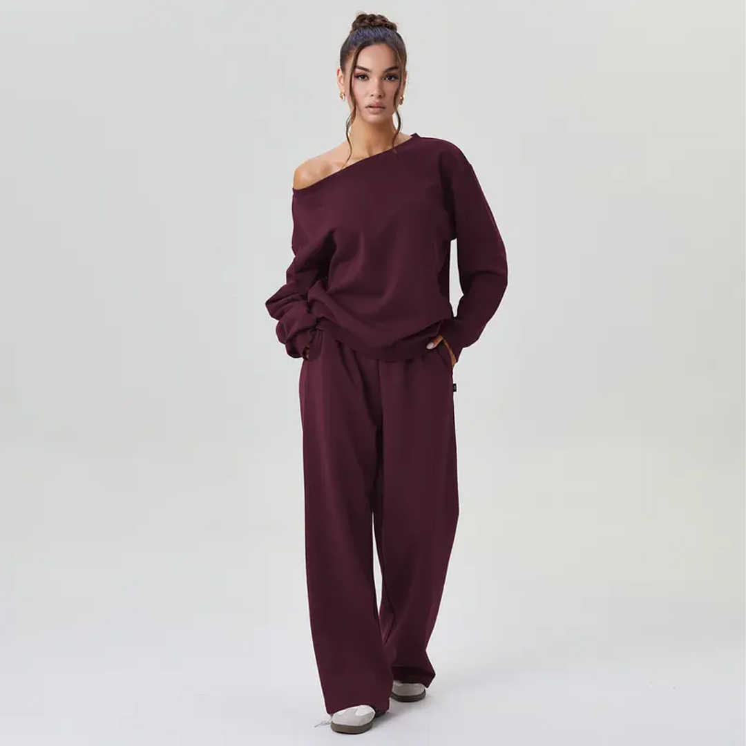 Women's Leisure Solid Color Sloping Shoulder Long Sleeve Set