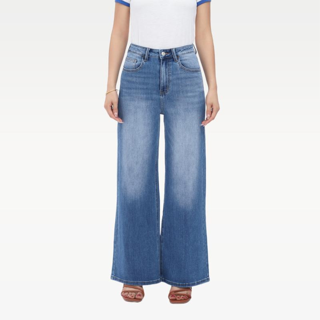 Wide Leg High-waisted Stretchy Women Jeans Buckle Baggy Pants