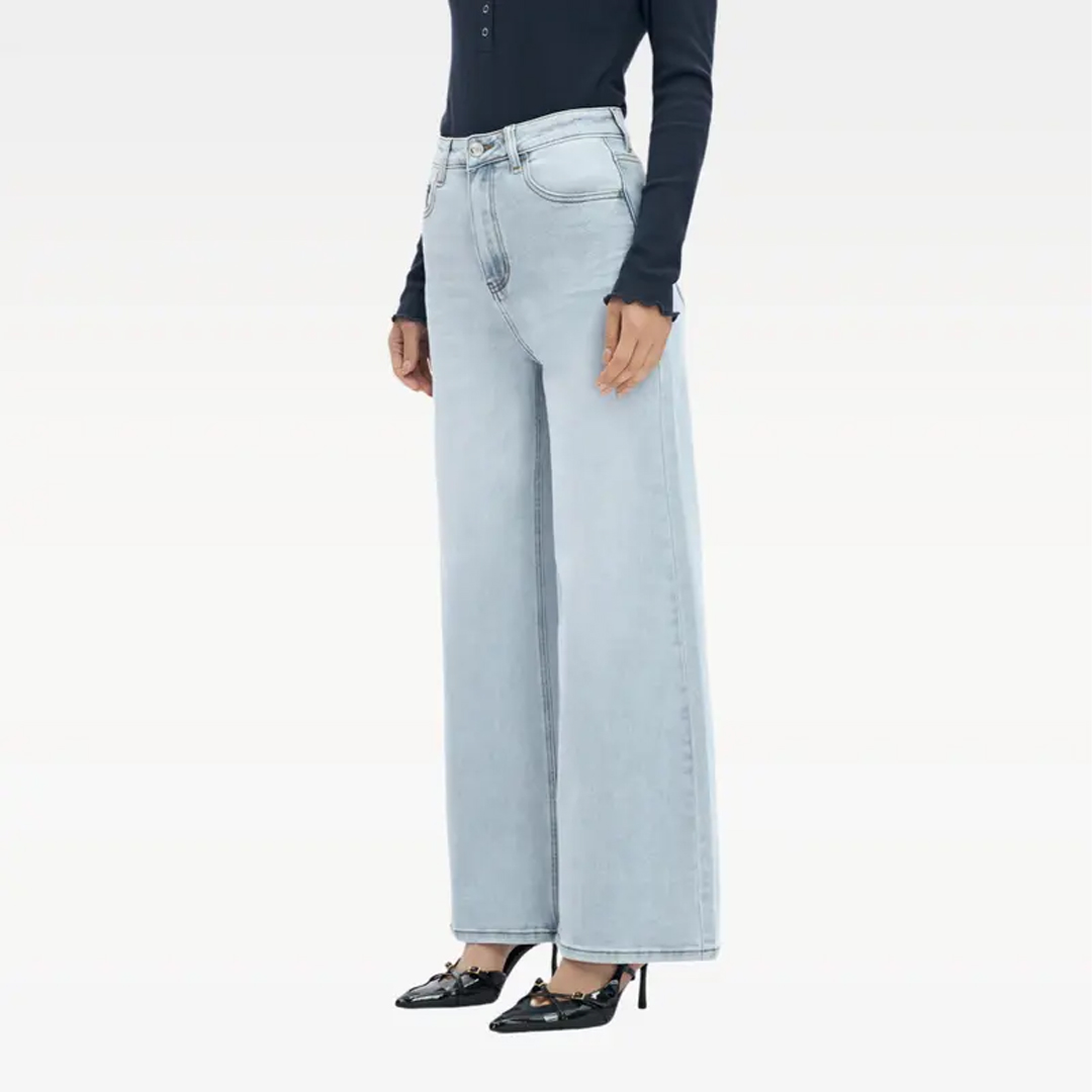 Wide Leg High-waisted Stretchy Women Jeans Buckle Baggy Pants