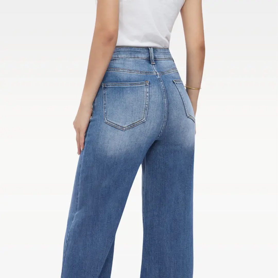 Wide Leg High-waisted Stretchy Women Jeans Buckle Baggy Pants
