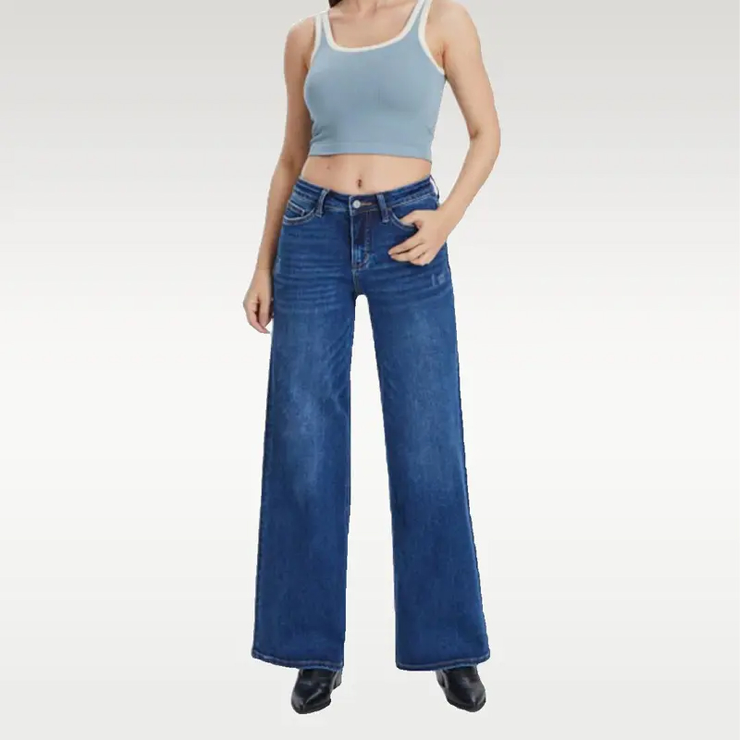 Mid-low Rise Baggy Jeans Stretchy Wide Leg