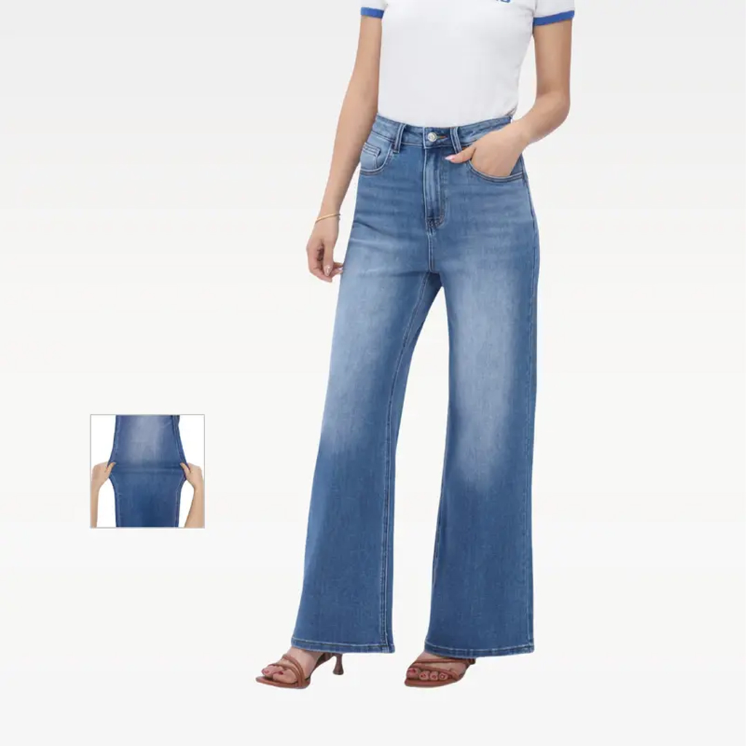 Wide Leg High-waisted Stretchy Women Jeans Buckle Baggy Pants
