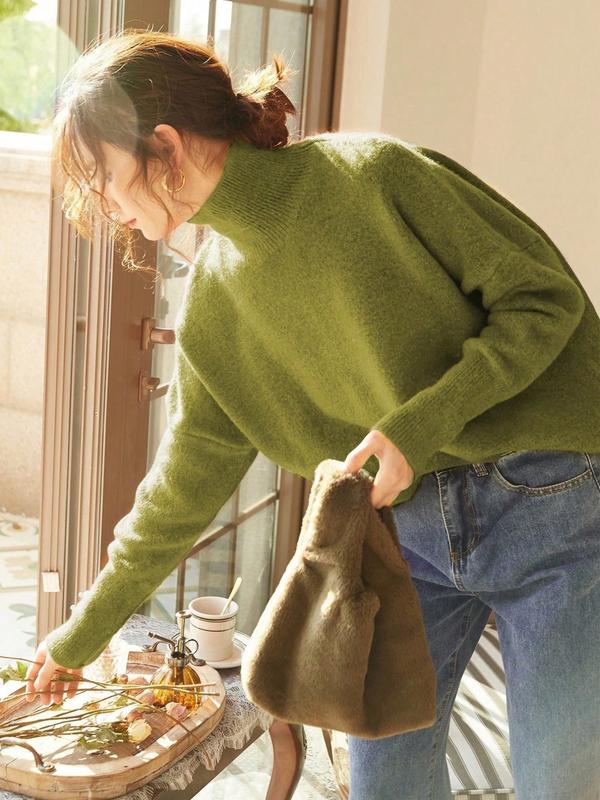 🔥Last day promotion⚡Autumn Winter Women's Knit Sweater High Neck Loose Casual French Style Elegant Simple Solid Color Pullover Long Sleeve Top