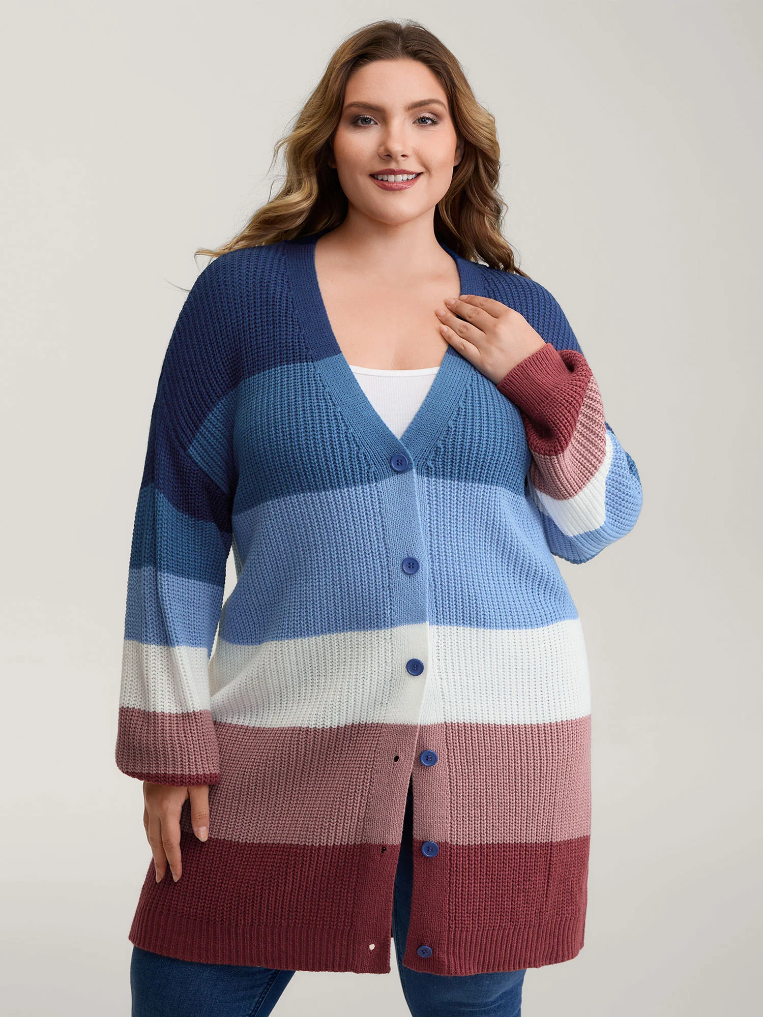 Colorblock Contrast Texture Button Cardigan