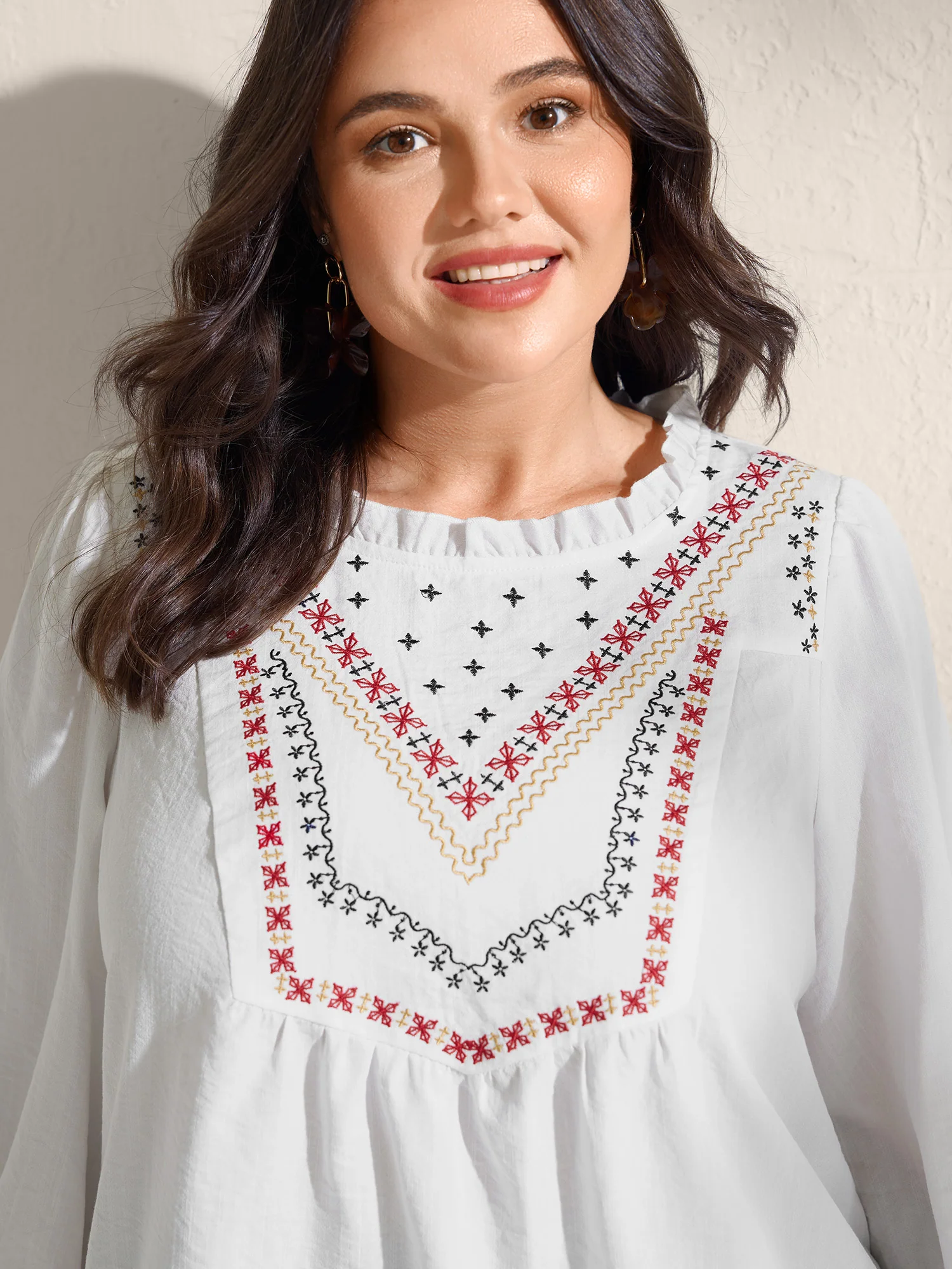 Boho Embroidered Neckline Ruffled Neck Blouse