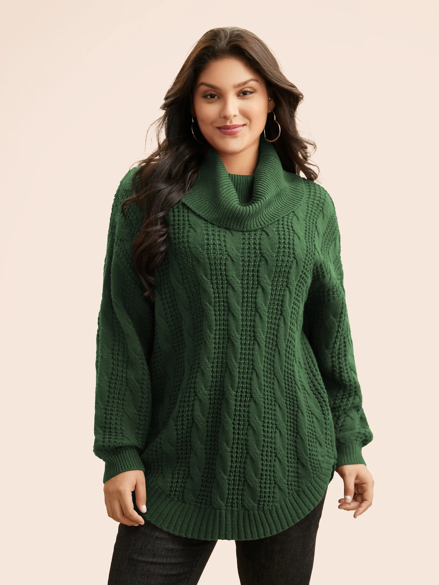 Turtleneck Cable Knit Curved Hem Pullover