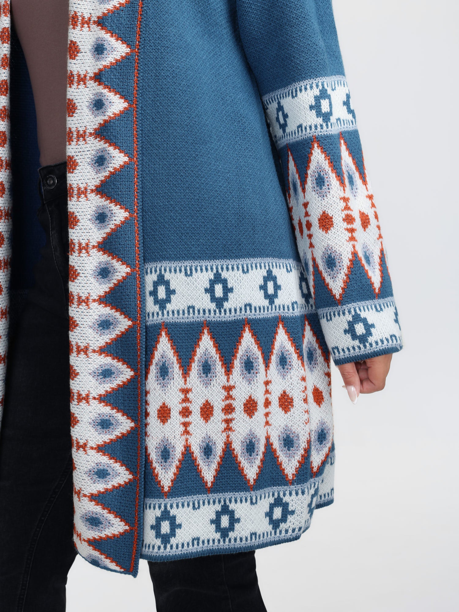 Boho Pattern Jacquard Folded Collar Knit Cardigan