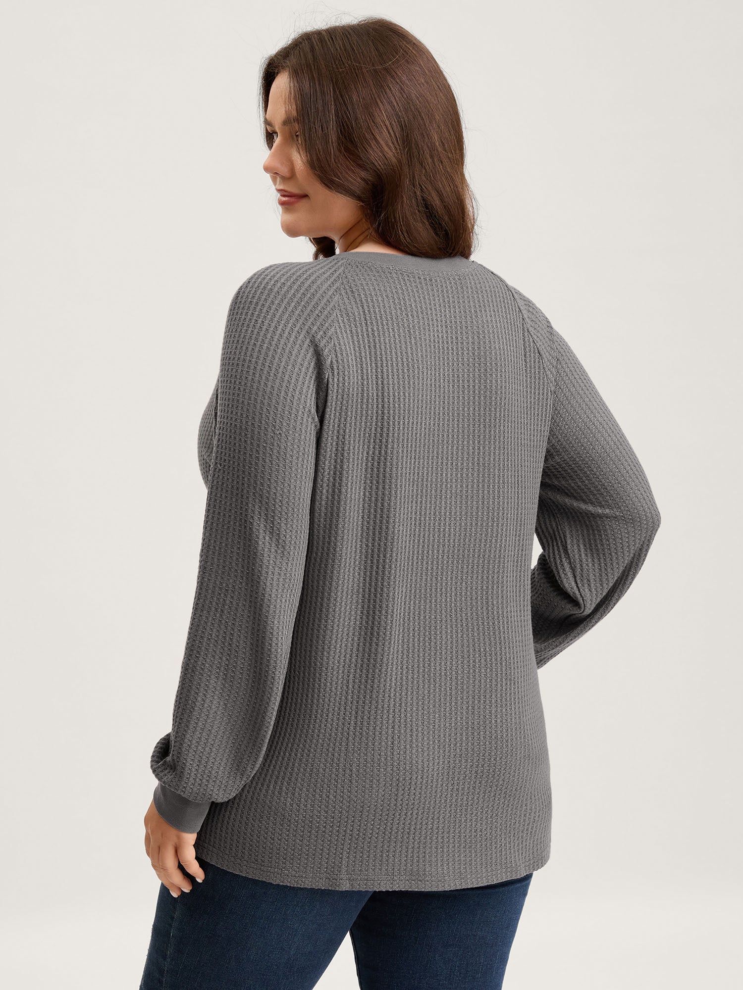 Waffle Grid Notched Collar Lace Sweatshirt