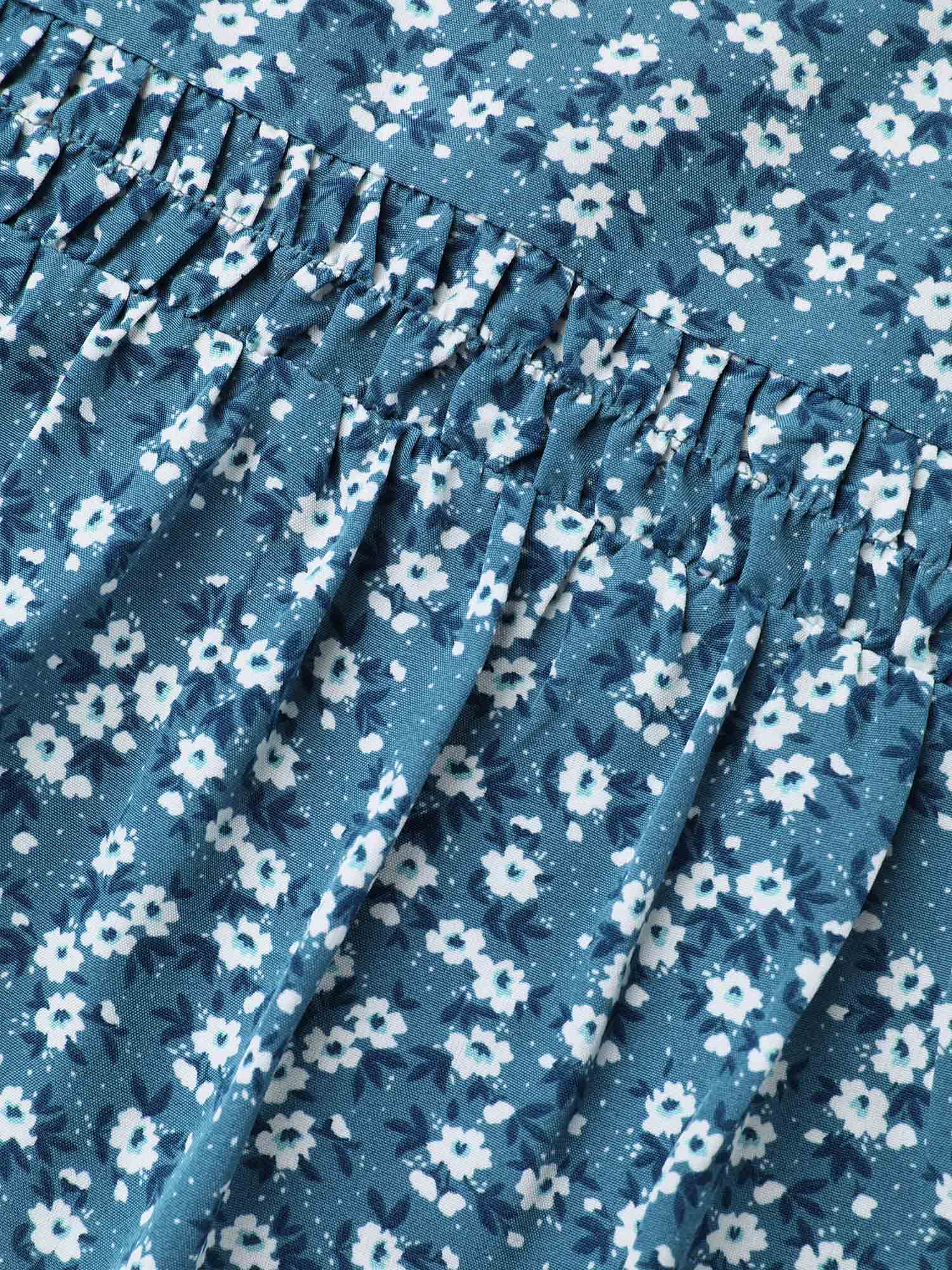 Floral Ruffle Sleeve Gathered Round Neck Blouse