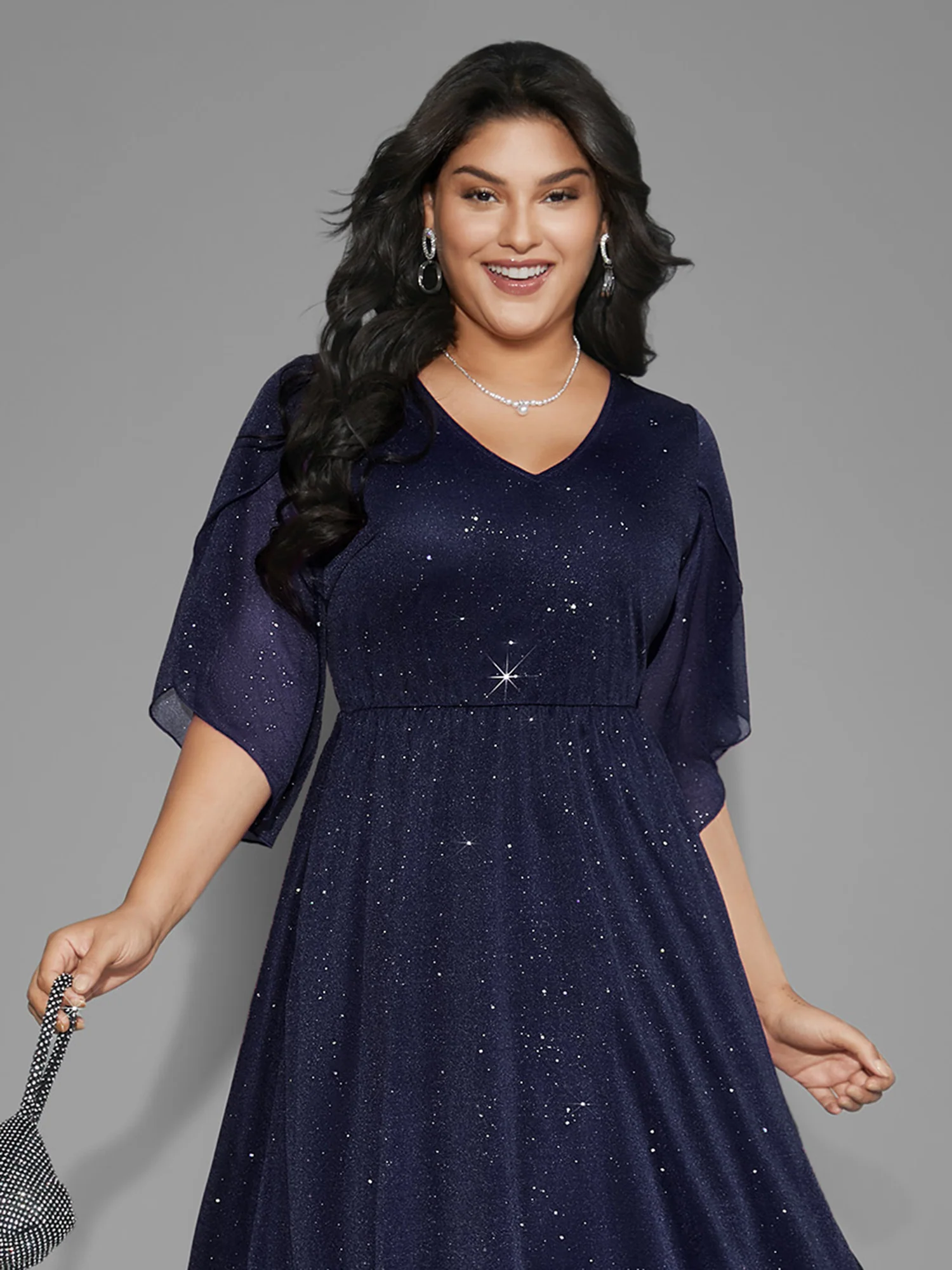 Glitter Mesh Petal Sleeve Midi Dress