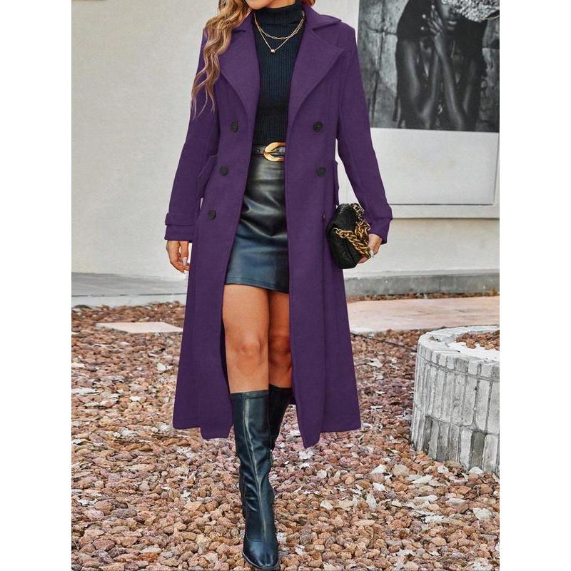 Women Solid Color Double Button Lapel Wool Coat Elegant Long Sleeve Long Coat Autumn Winter Women Clothing